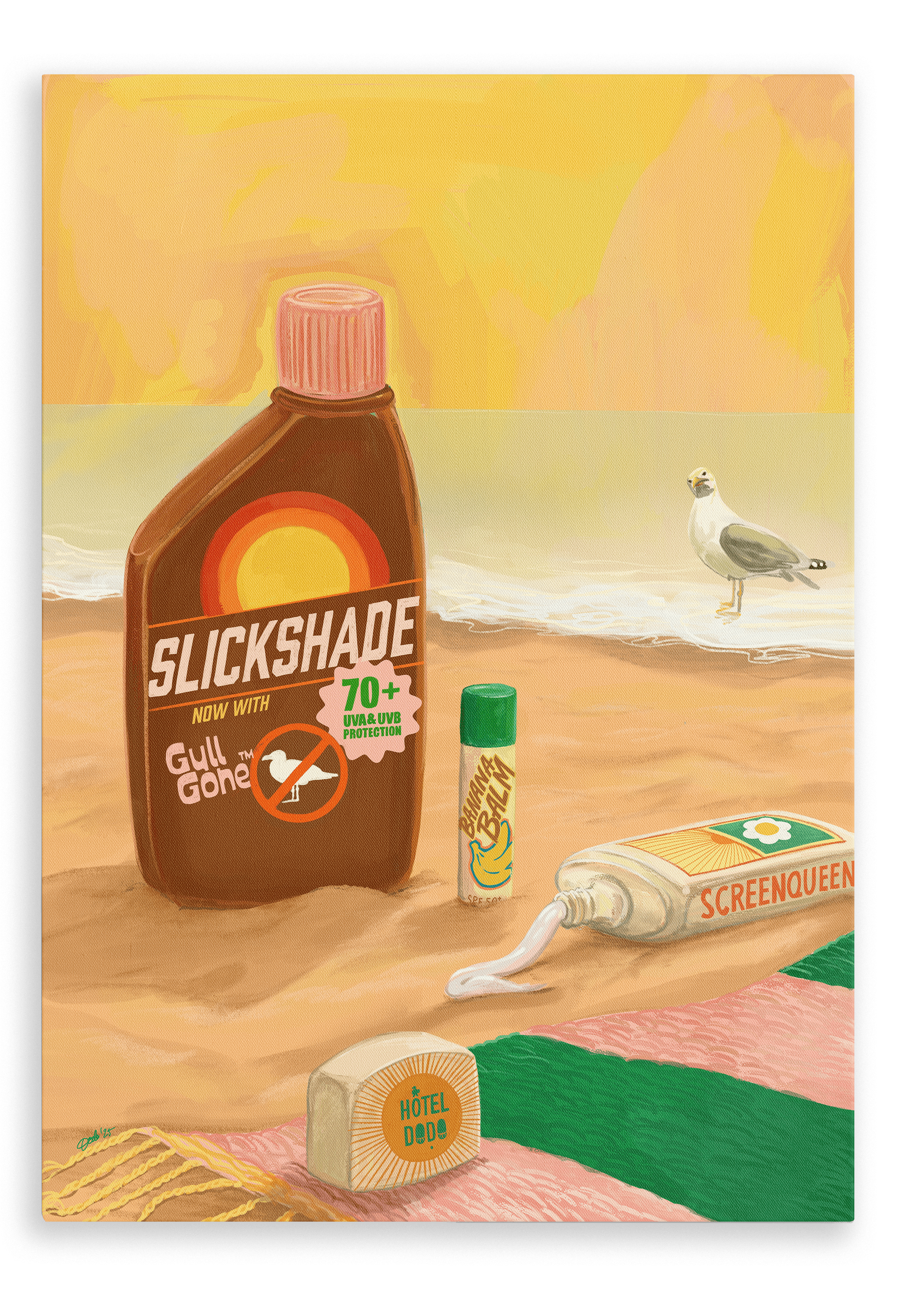 A beach scene featuring a Screen Queen Giclée Canvas Print by Hôtel Dodo, with a bottle labeled “Slickshade” offering SPF seagull protection, a tube labeled “Screen Queen,” a stick, a soap bar labeled “Hôtel Dodo,” a towel, and a seagull by the ocean under a yellow sky.