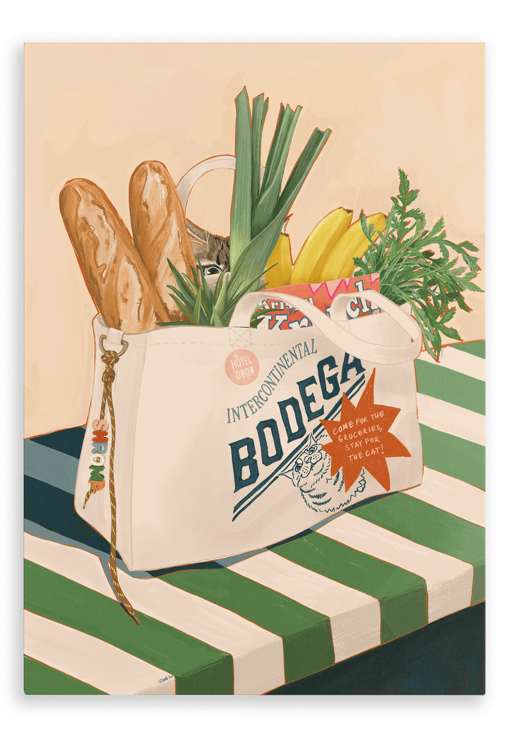 The Bodega Bounty Giclée Canvas Print by Hôtel Dodo depicts a canvas grocery bag, brimming with baguettes, leeks, carrots, bananas, and a can, resting on a striped table—while the curious face of a bodega cat peeks out from inside the bag.