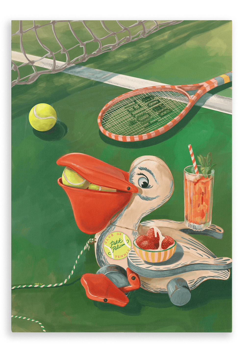 A Petit Pélican Tennis Club Giclée Canvas Print by Hôtel Dodo depicts a painted pelican toy clutching a tennis ball in its beak on a tennis court at the local club, surrounded by a racquet, a glass of Pimm’s and lemonade, strawberries and cream, and an extra tennis ball.