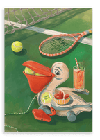 A Petit Pélican Tennis Club Giclée Canvas Print by Hôtel Dodo depicts a painted pelican toy clutching a tennis ball in its beak on a tennis court at the local club, surrounded by a racquet, a glass of Pimm’s and lemonade, strawberries and cream, and an extra tennis ball.
