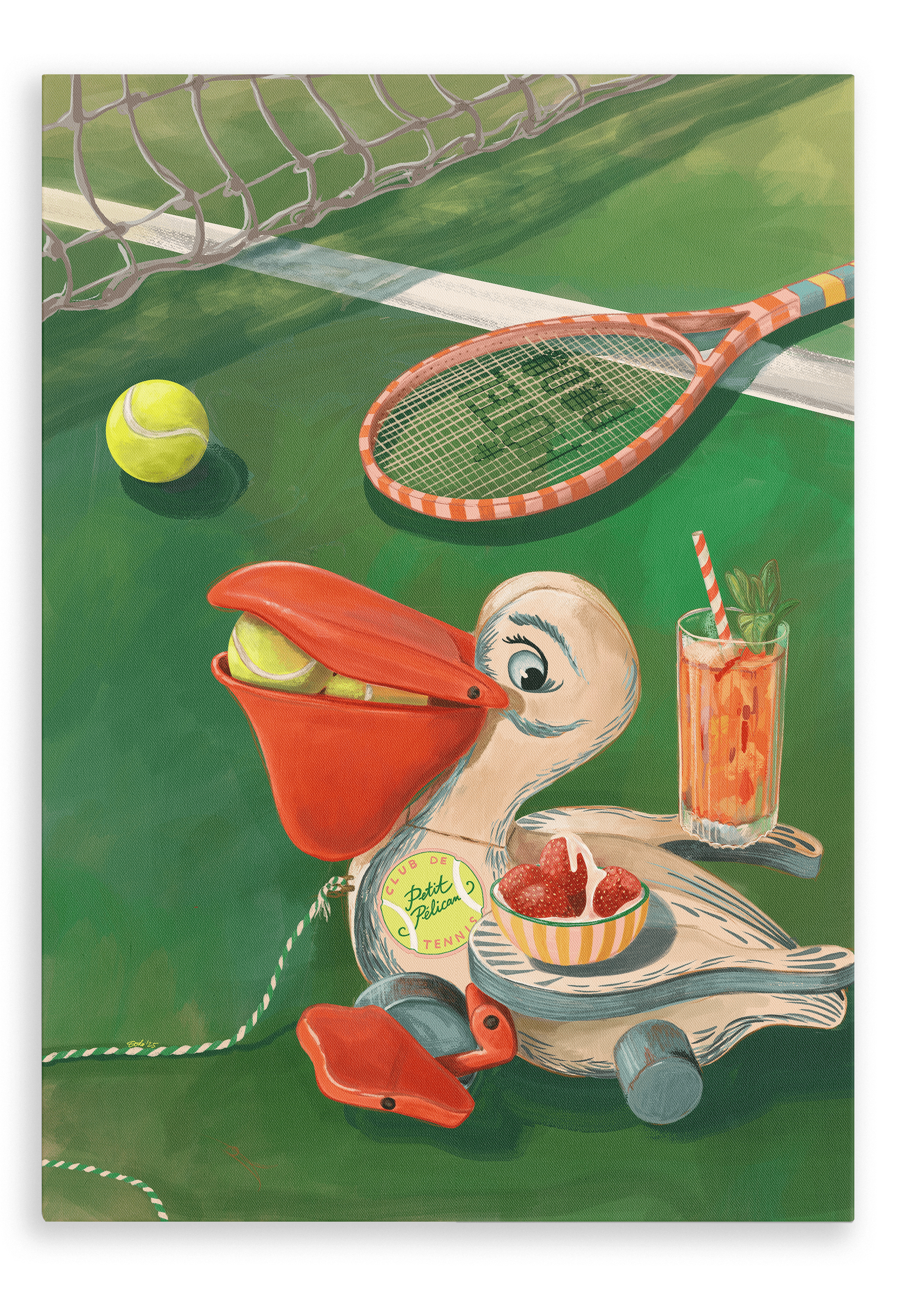 A Petit Pélican Tennis Club Giclée Canvas Print by Hôtel Dodo depicts a painted pelican toy clutching a tennis ball in its beak on a tennis court at the local club, surrounded by a racquet, a glass of Pimm’s and lemonade, strawberries and cream, and an extra tennis ball.