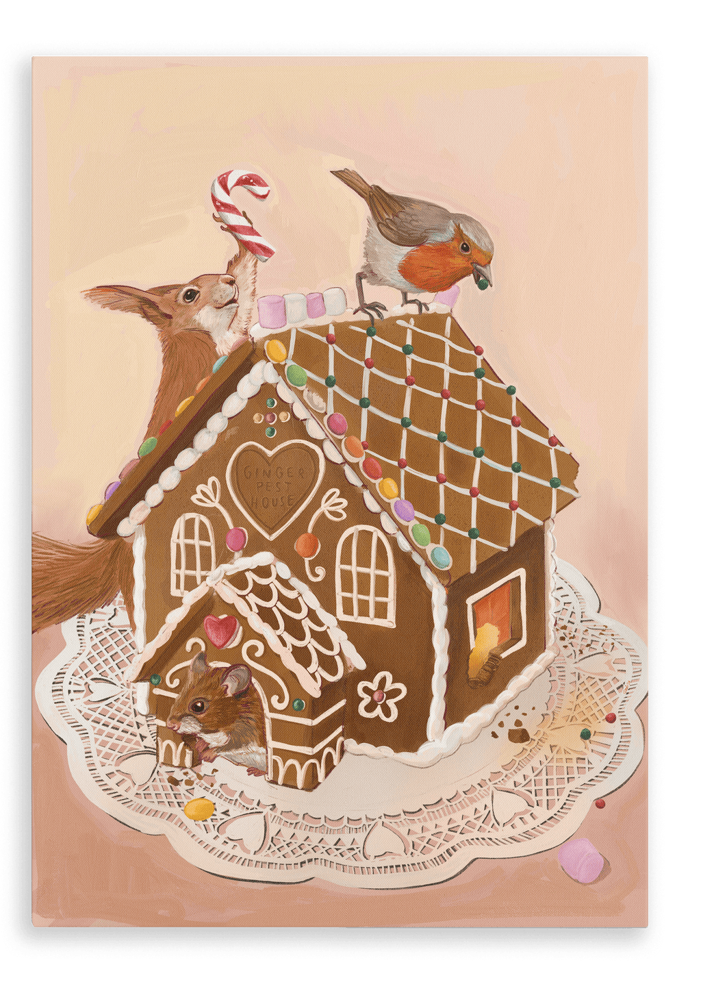 The Gingerpest House Giclée Canvas Print by Kitsch Kanaveral depicts a gingerbread house featuring a squirrel nibbling on a candy cane, a bird perched on the roof, and a mouse peeking from the doorway, all presented on a lace-covered plate.