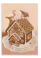 The Gingerpest House Giclée Canvas Print by Kitsch Kanaveral depicts a gingerbread house featuring a squirrel nibbling on a candy cane, a bird perched on the roof, and a mouse peeking from the doorway, all presented on a lace-covered plate.