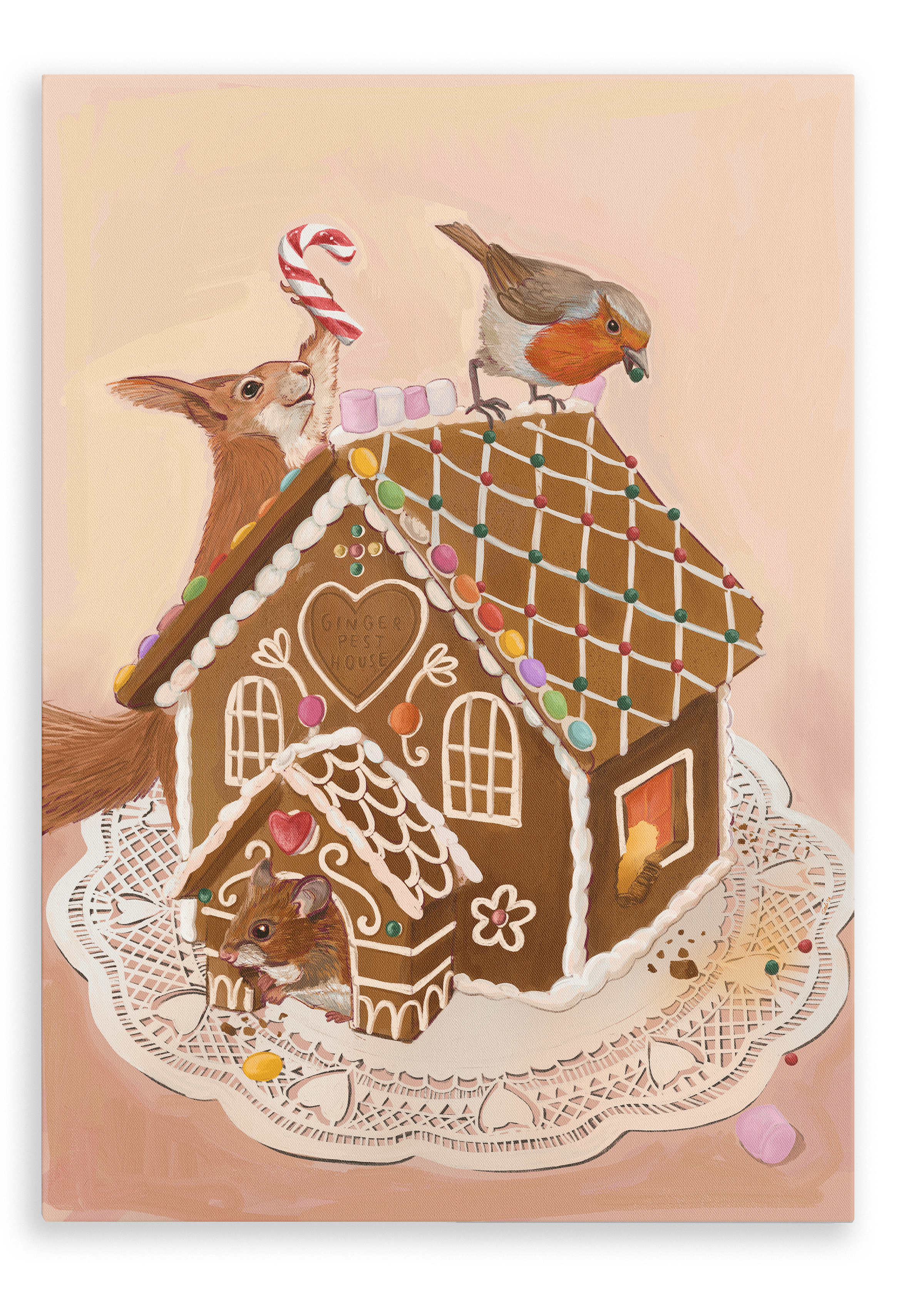 The Gingerpest House Giclée Canvas Print by Kitsch Kanaveral depicts a gingerbread house featuring a squirrel nibbling on a candy cane, a bird perched on the roof, and a mouse peeking from the doorway, all presented on a lace-covered plate.