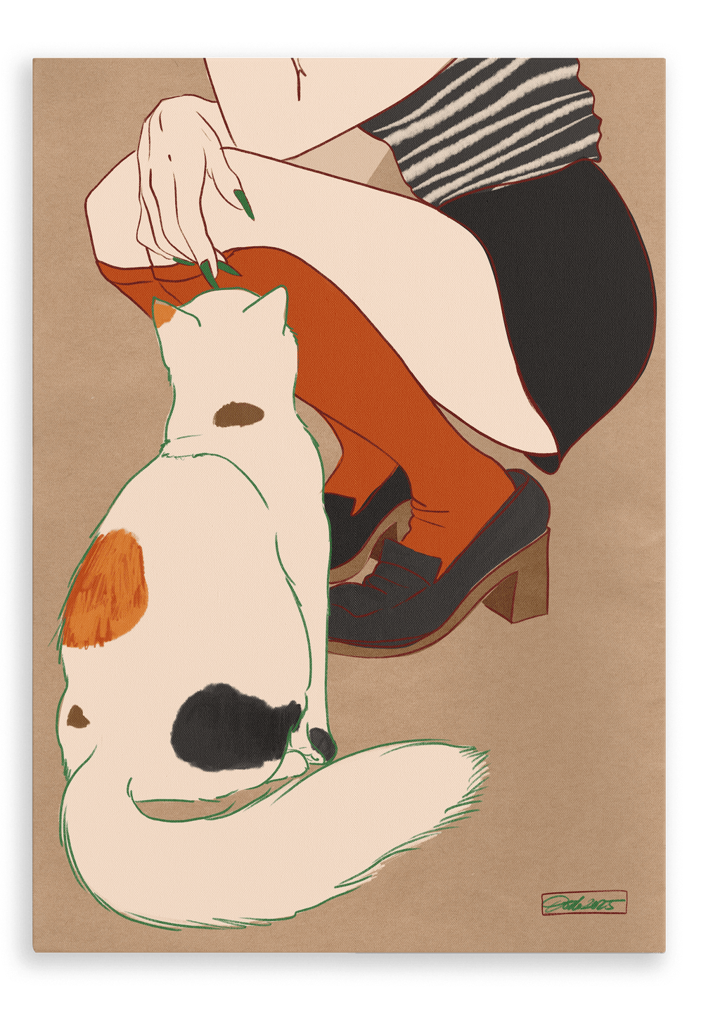 A person in stripes and orange stockings sits beside a calico cat on a brown surface in the "Encounters of the Purred Kind II Matte Canvas Print" by Beauty and the Beastie—an enchanting animal moment.