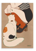 A person in stripes and orange stockings sits beside a calico cat on a brown surface in the "Encounters of the Purred Kind II Matte Canvas Print" by Beauty and the Beastie—an enchanting animal moment.