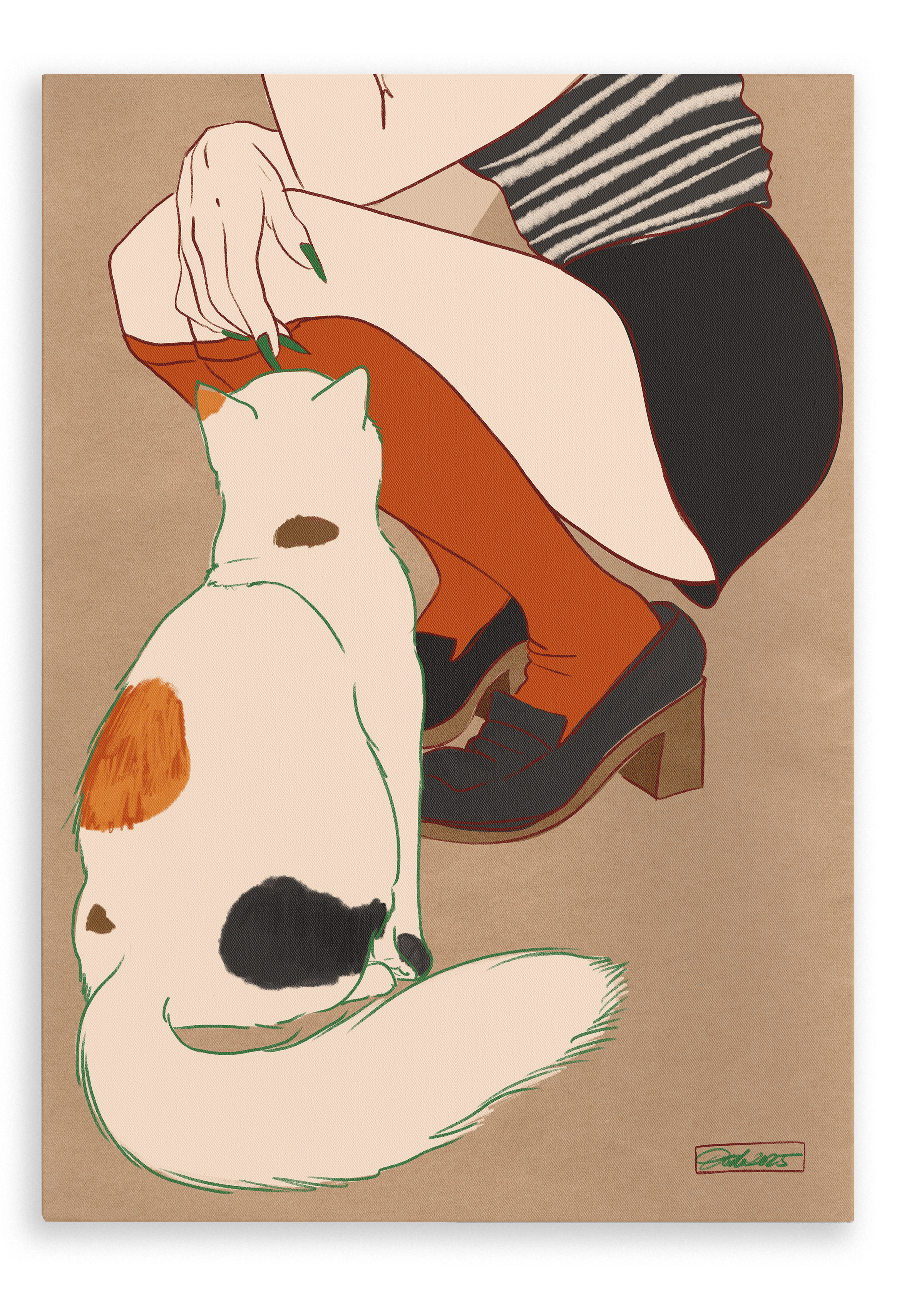 A person in stripes and orange stockings sits beside a calico cat on a brown surface in the "Encounters of the Purred Kind II Matte Canvas Print" by Beauty and the Beastie—an enchanting animal moment.