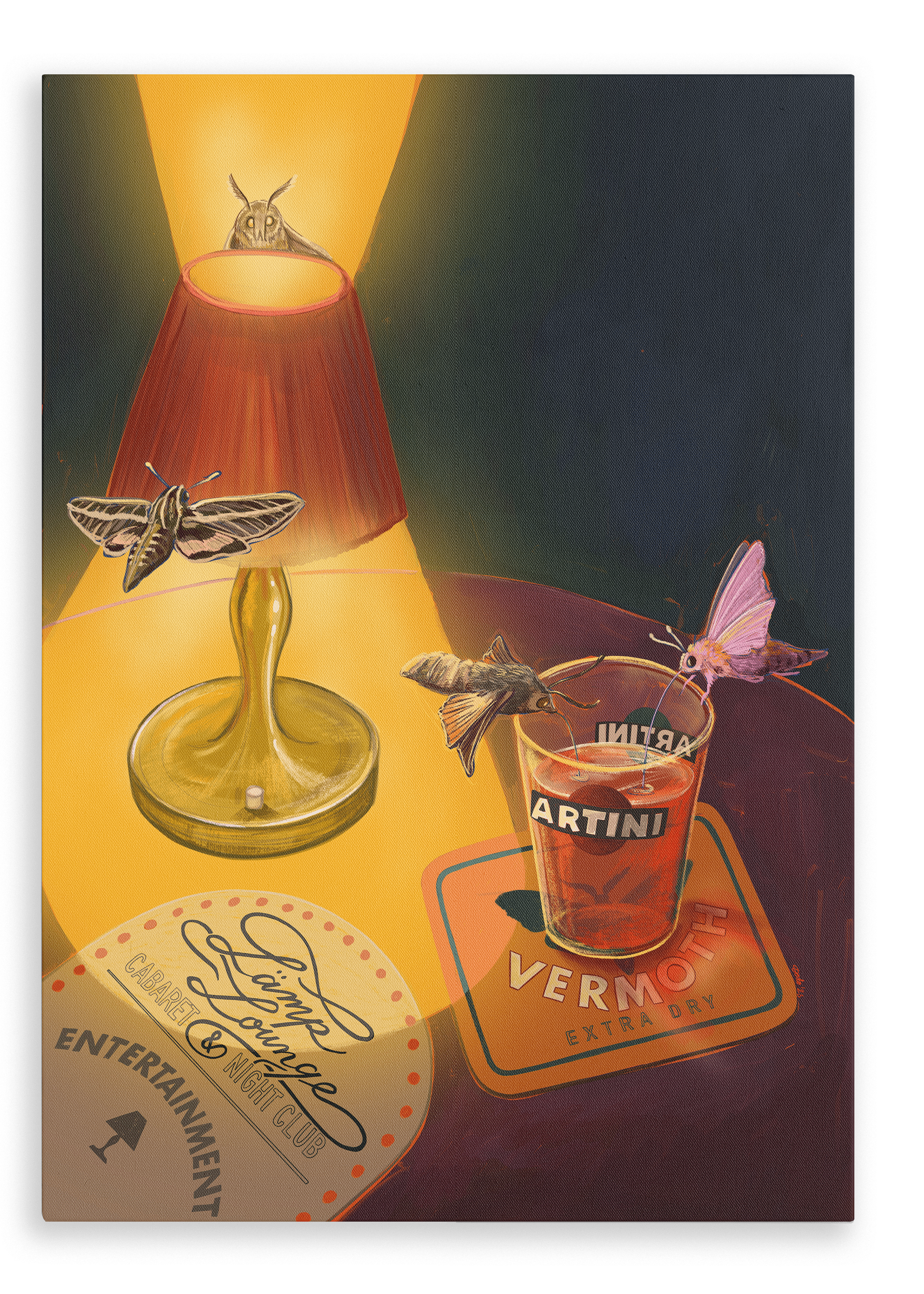 A Hôtel Dodo Lamp Lounge Giclée Canvas Print shows a lamp and a glass of vermouth on a table, glowing warmly. Three delicate moths rest on the lamp, the glass, and coasters beneath.