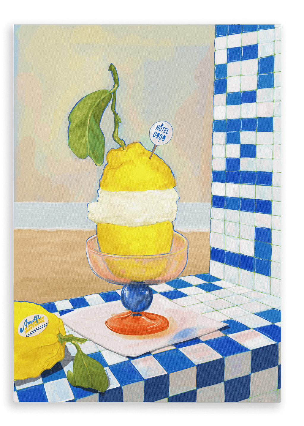 An Amalfi Limoni Giclée Canvas Print by Hôtel Dodo is displayed on a tiled surface, featuring a painted lemon sorbet dessert in a glass dish against a beach scene inspired by the Amalfi coast.