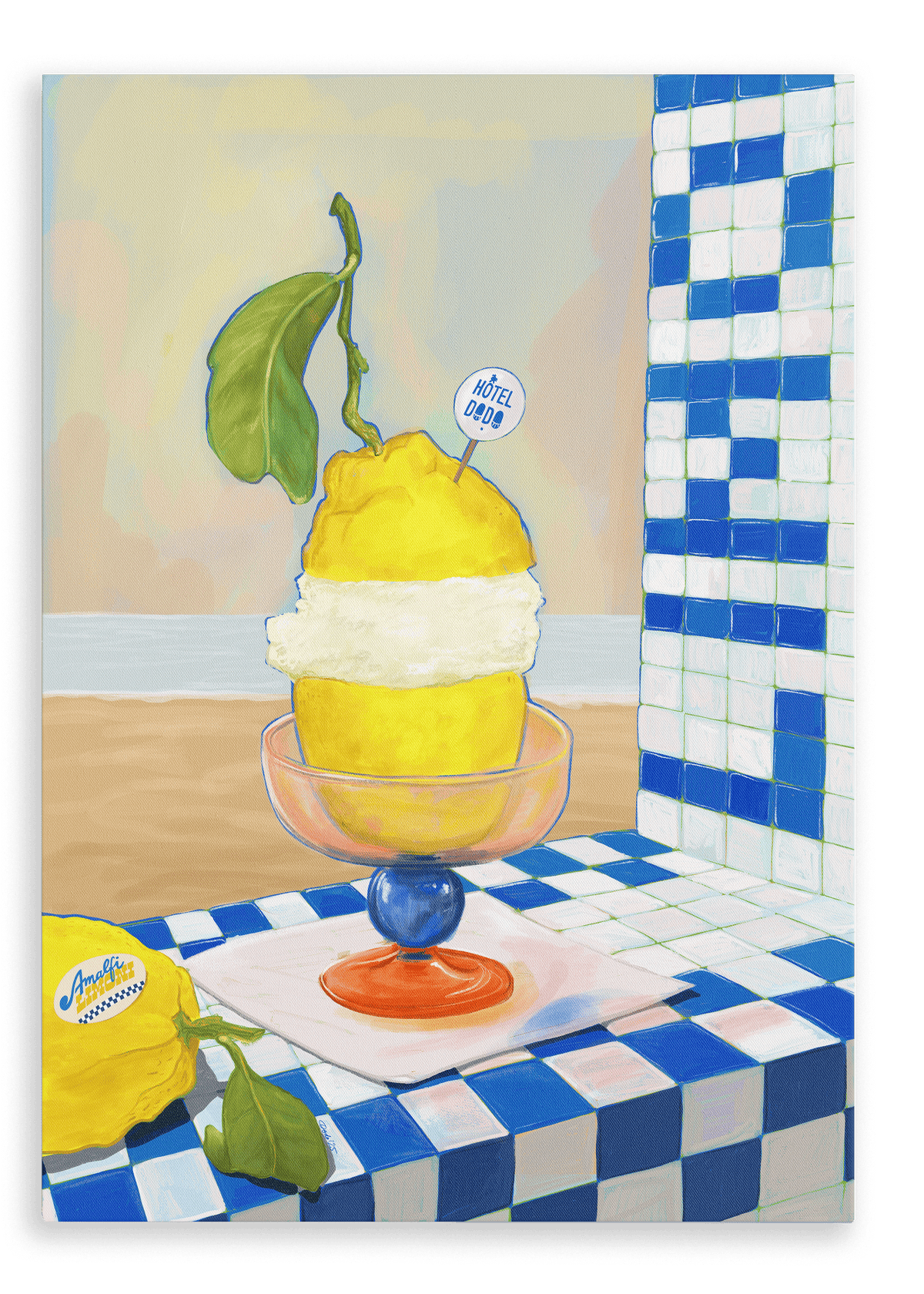 An Amalfi Limoni Giclée Canvas Print by Hôtel Dodo is displayed on a tiled surface, featuring a painted lemon sorbet dessert in a glass dish against a beach scene inspired by the Amalfi coast.