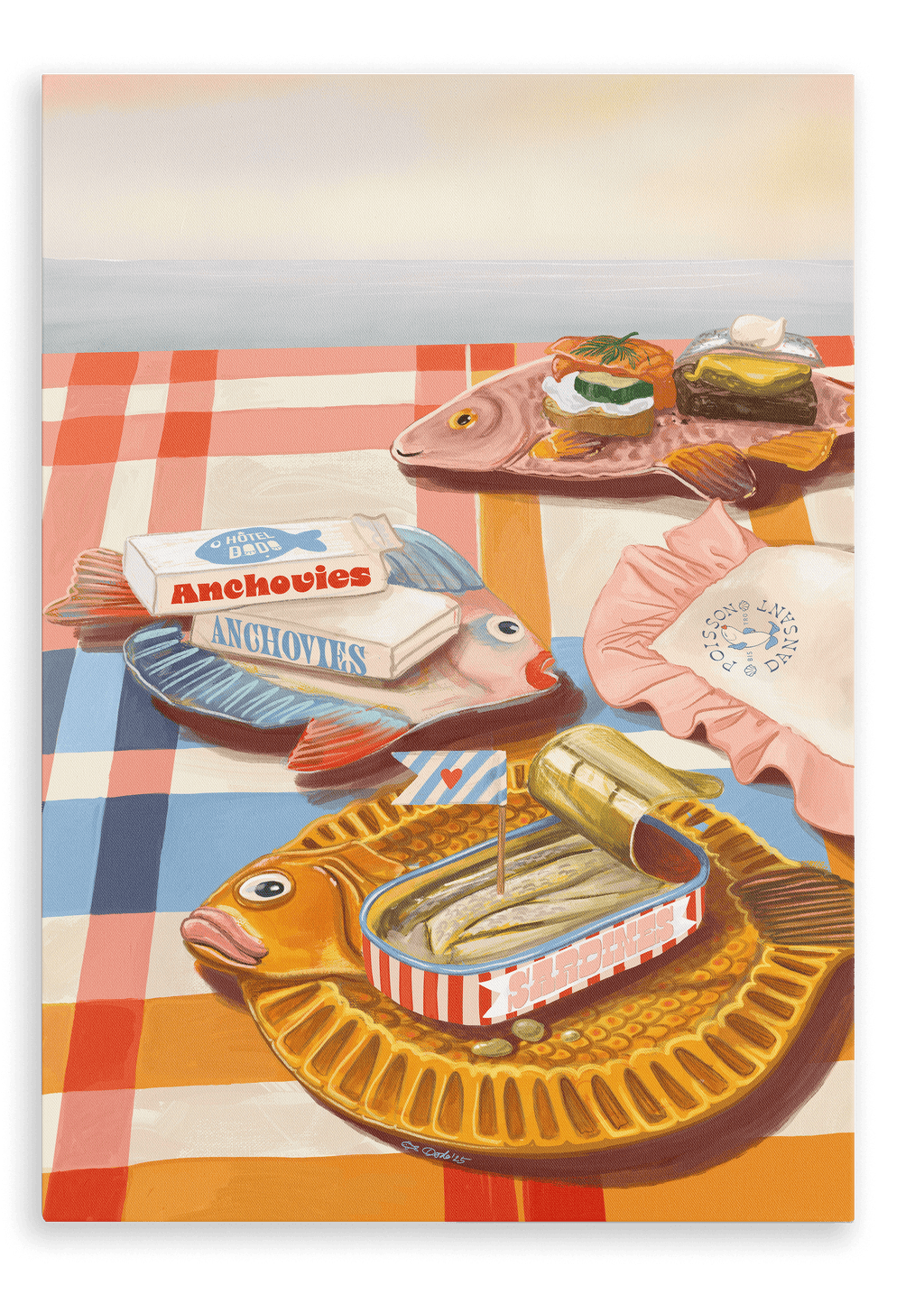Three Dishy Fishy Giclée Canvas Prints by Hôtel Dodo, featuring food and retro dinnerware details, are arranged atop a red and white checkered tablecloth alongside tinned fish containers and a folded pink napkin with text.