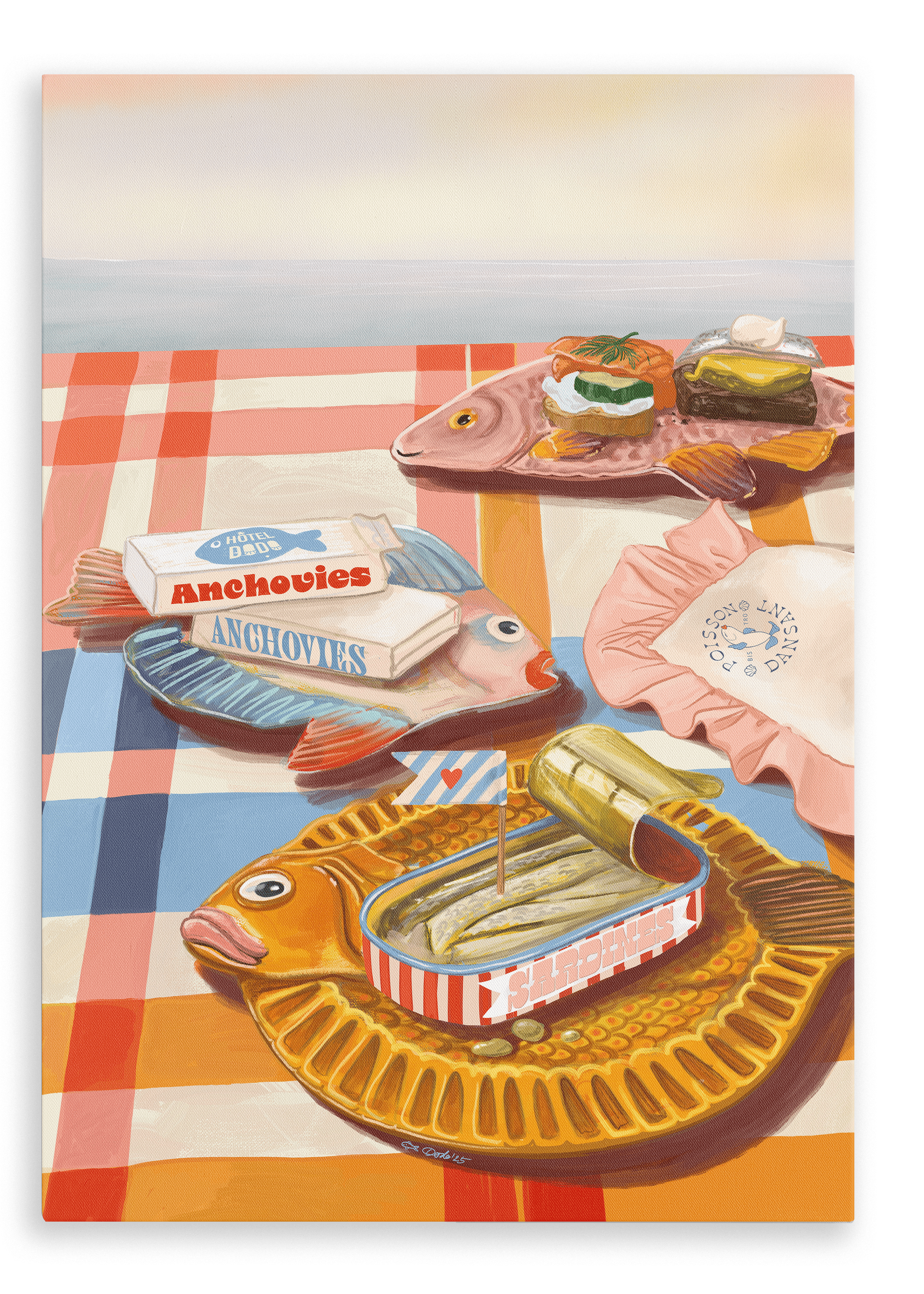 Three Dishy Fishy Giclée Canvas Prints by Hôtel Dodo, featuring food and retro dinnerware details, are arranged atop a red and white checkered tablecloth alongside tinned fish containers and a folded pink napkin with text.