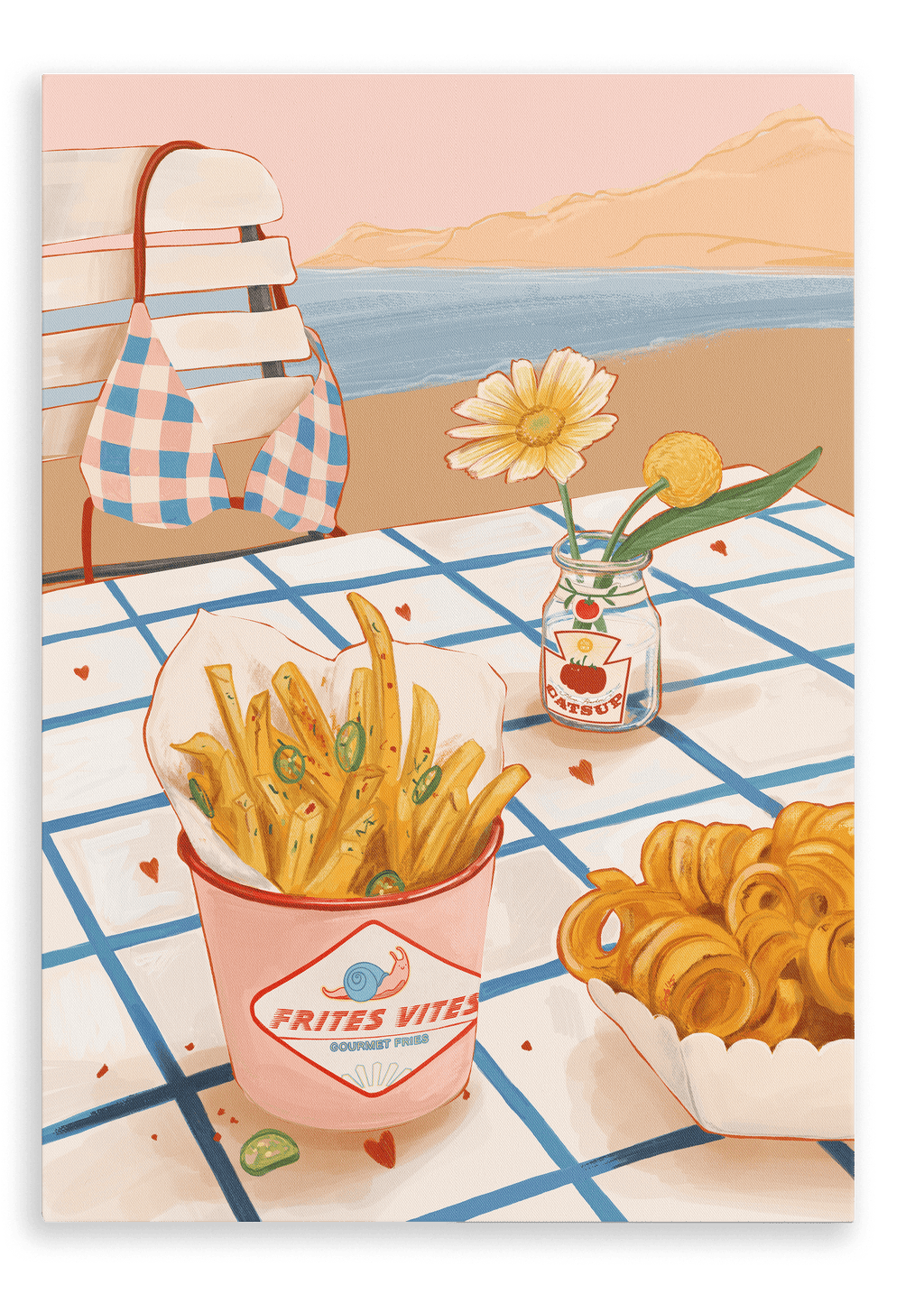 A giclée canvas print by Hôtel Dodo titled “Frites Vites,” featuring a table by the beach with a chair, a bikini top, gourmet fries topped with sliced jalapeños, curly fries, and a small jar with two flowers, all set against a stunning sea view.