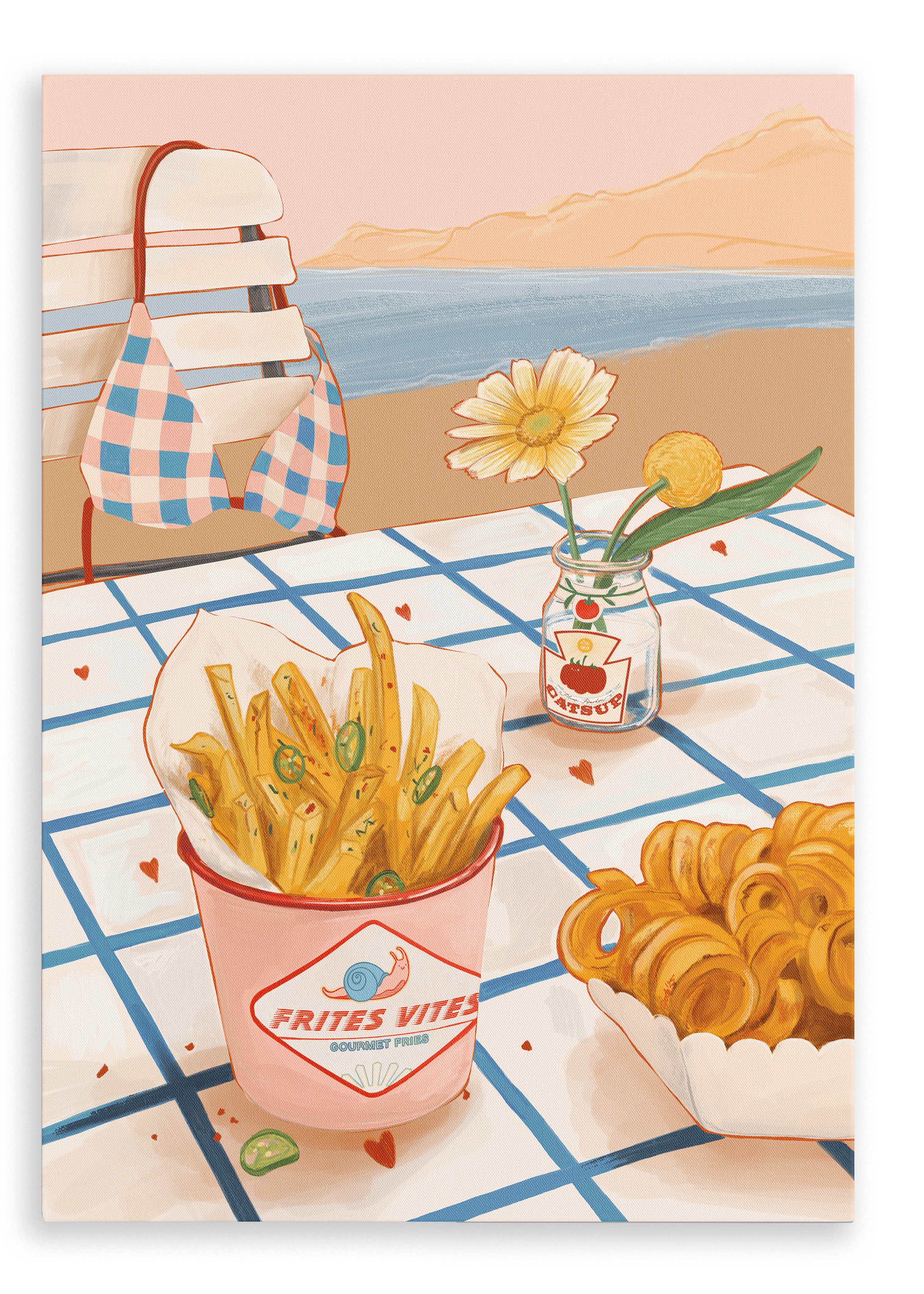 A giclée canvas print by Hôtel Dodo titled “Frites Vites,” featuring a table by the beach with a chair, a bikini top, gourmet fries topped with sliced jalapeños, curly fries, and a small jar with two flowers, all set against a stunning sea view.