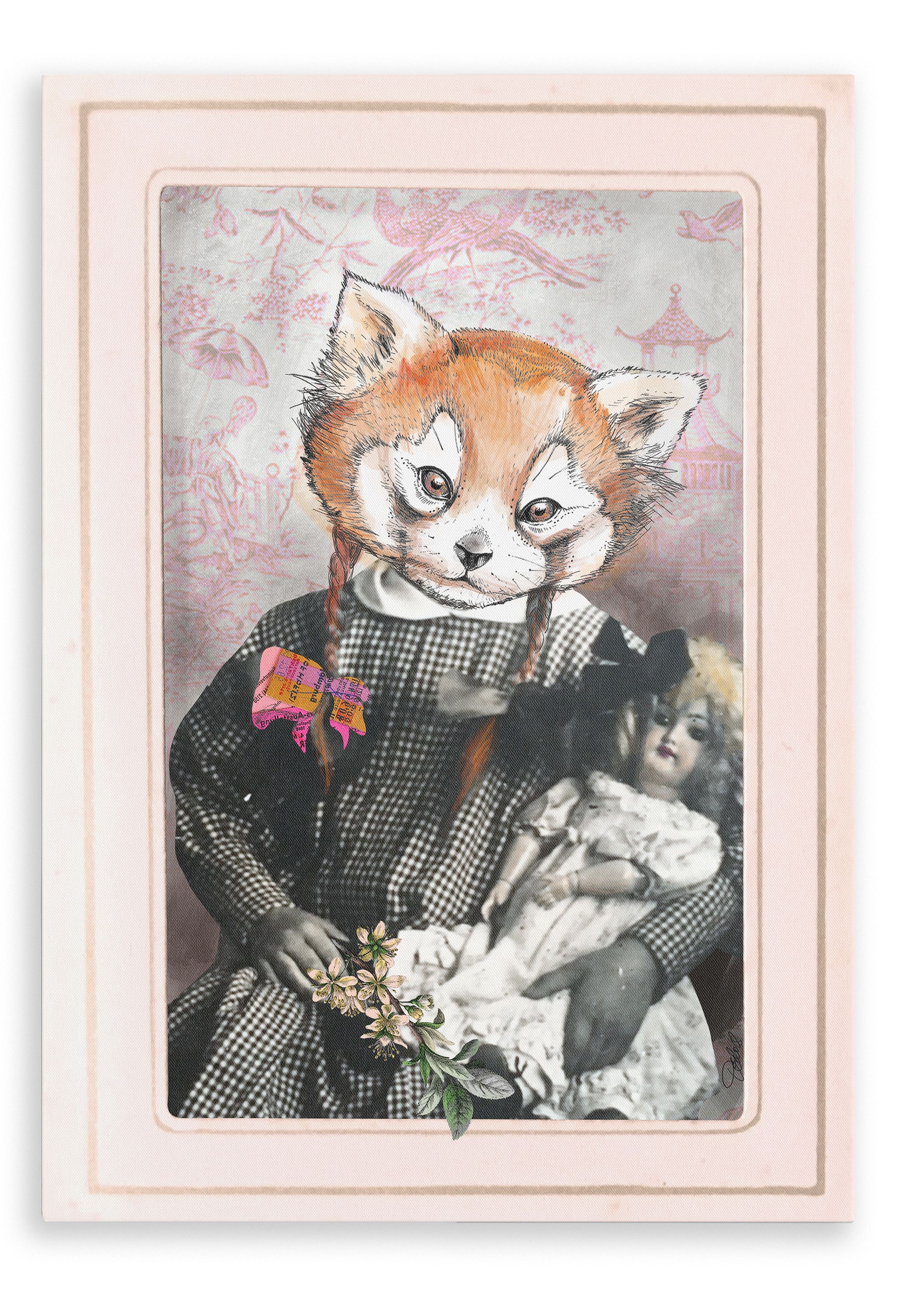 A charming canvas print from Animals In Suits, the Red Panda Dolly Girl features a vintage-style portrait of a red panda character with braided hair, holding both a toy and a doll, set against a decorative pink and grey background inspired by classic botanical illustrations.