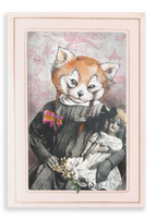A charming canvas print from Animals In Suits, the Red Panda Dolly Girl features a vintage-style portrait of a red panda character with braided hair, holding both a toy and a doll, set against a decorative pink and grey background inspired by classic botanical illustrations.
