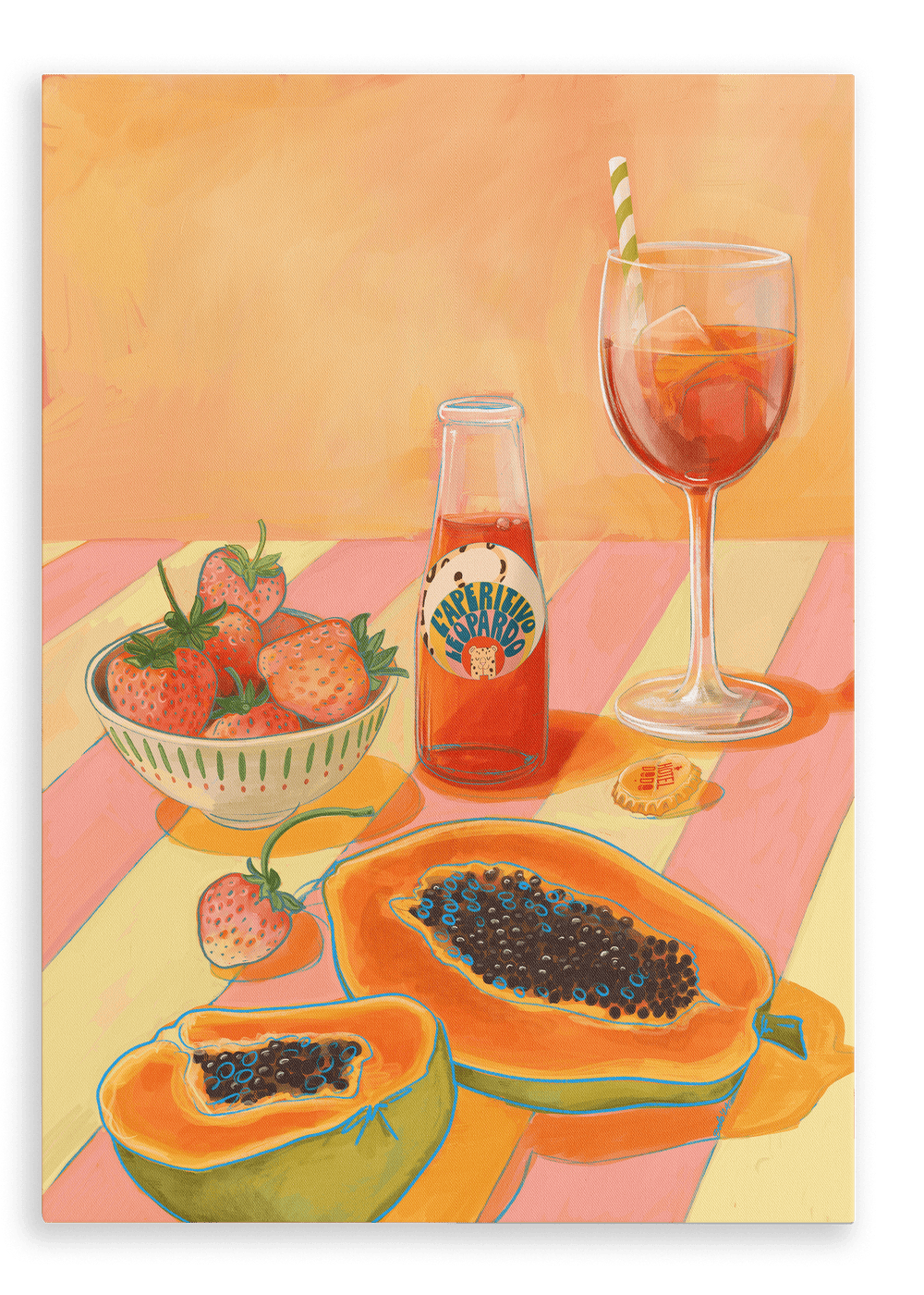 The L'Aperitivo Leopardo Giclée Canvas Print by Hôtel Dodo portrays a vibrant scene featuring a bowl of strawberries, cut papayas, a bottle labeled "Happy Friend Award," a vermouth drink with a striped straw, and a paper note on a striped table against an orange background.