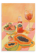 The L'Aperitivo Leopardo Giclée Canvas Print by Hôtel Dodo portrays a vibrant scene featuring a bowl of strawberries, cut papayas, a bottle labeled "Happy Friend Award," a vermouth drink with a striped straw, and a paper note on a striped table against an orange background.