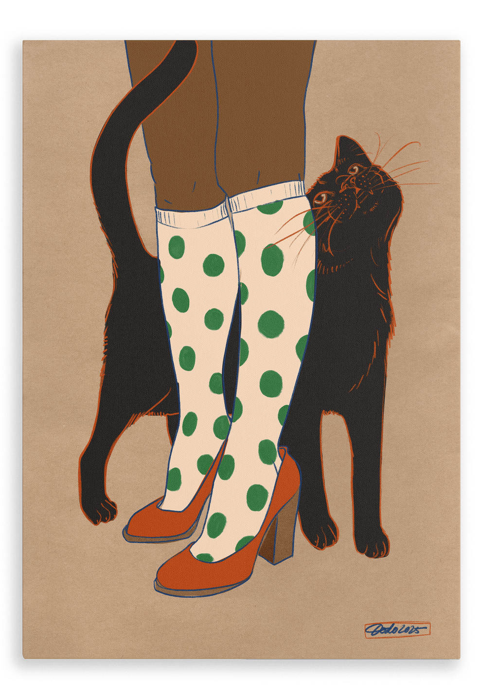 Beauty and the Beastie’s "Encounters of the Purred Kind I" Matte Canvas Print features a whimsical scene of a black cat rubbing against someone in green polka dot socks and orange heels—a charming moment for cat lovers.
