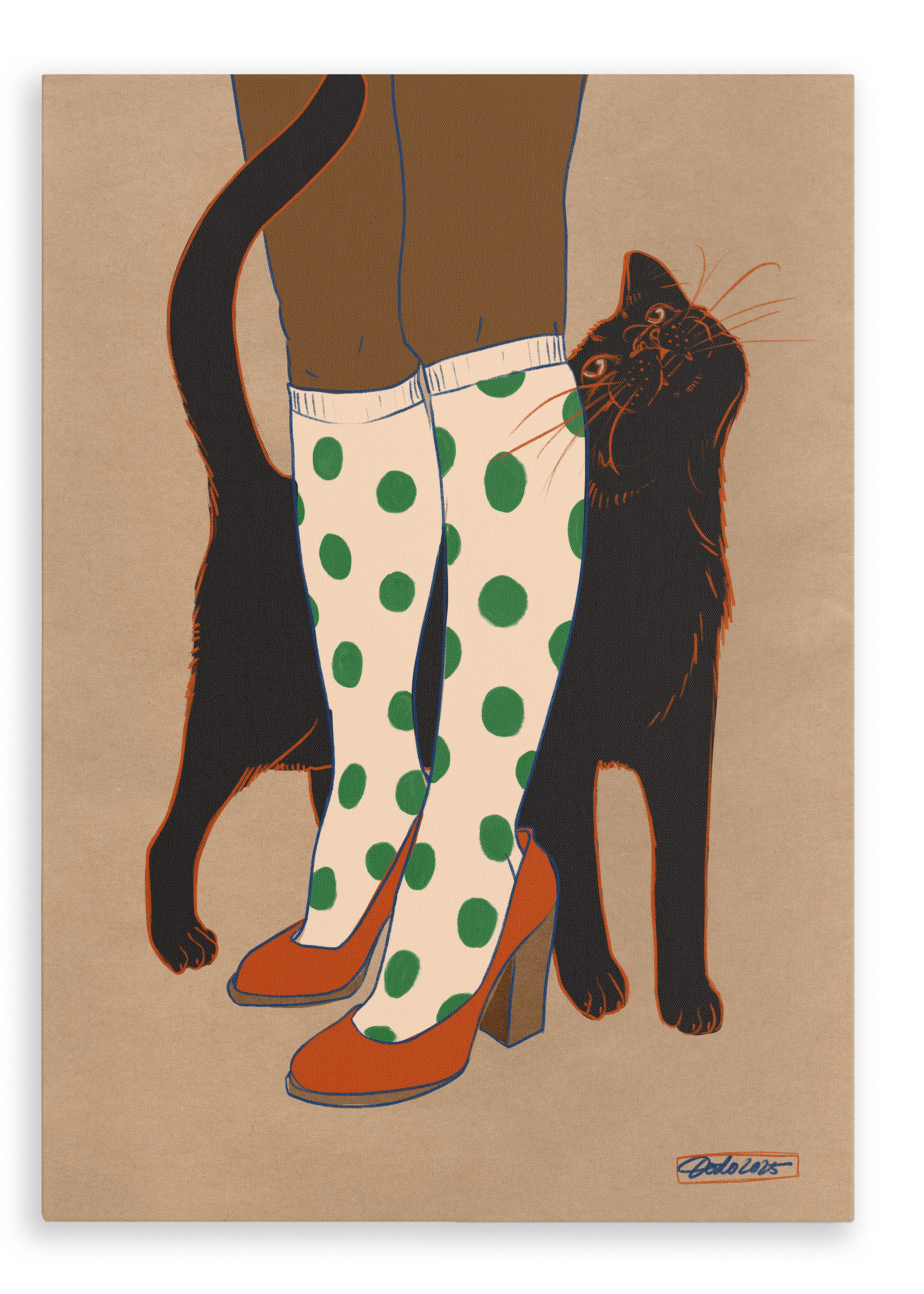 Beauty and the Beastie’s "Encounters of the Purred Kind I" Matte Canvas Print features a whimsical scene of a black cat rubbing against someone in green polka dot socks and orange heels—a charming moment for cat lovers.