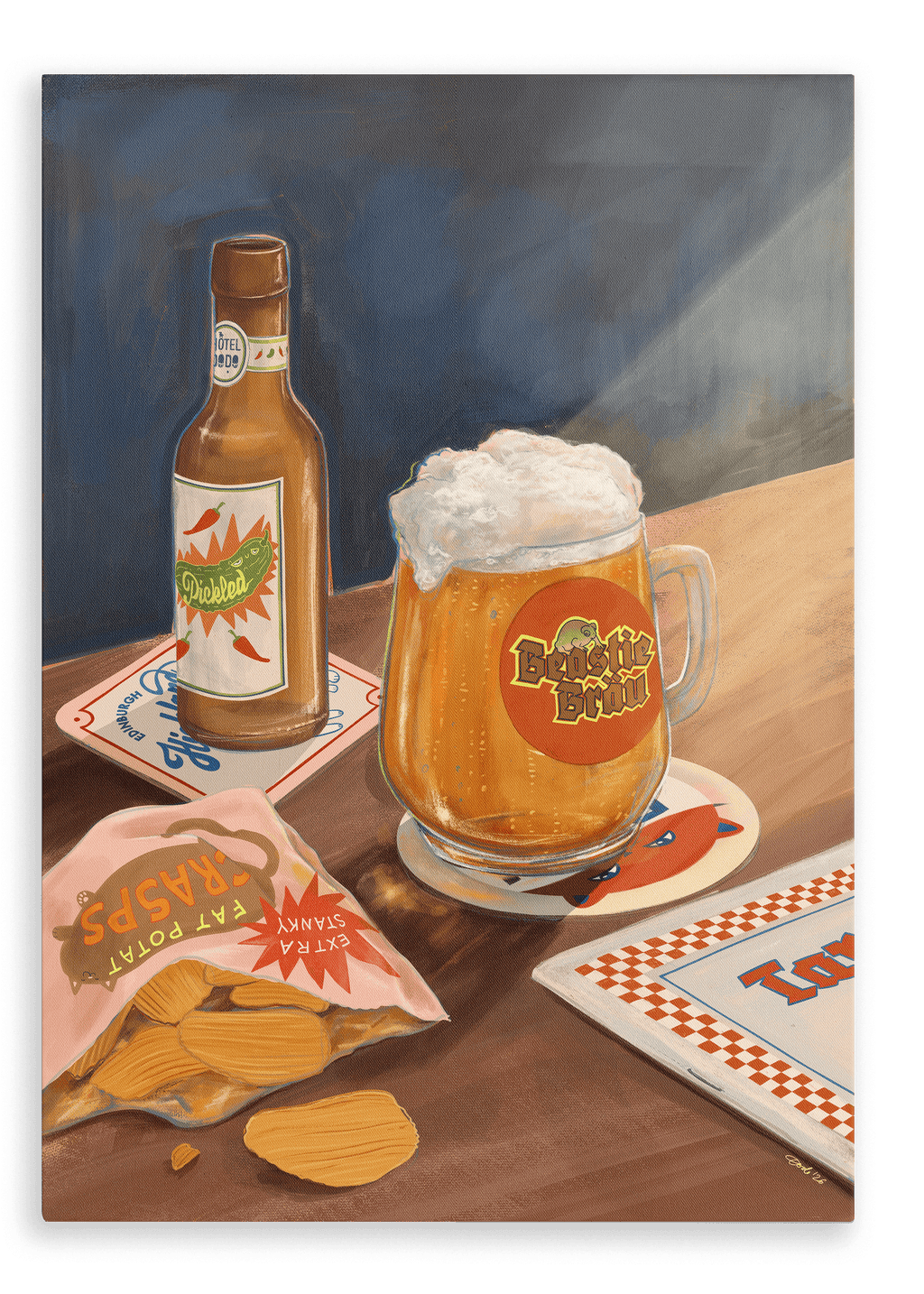 A pint of frothy beer, a brown bottle, a bag of potato chips, and coasters sit on a wooden table under a shaft of light in the “Beastie Bräu Giclée Canvas Print” by Hôtel Dodo.