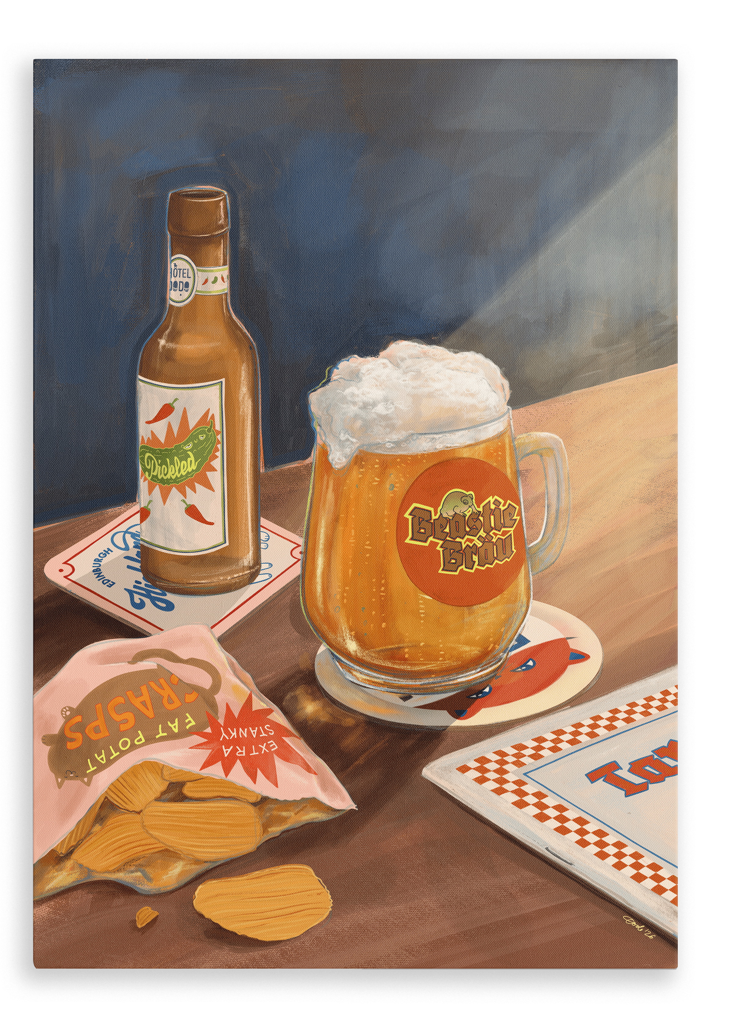 A pint of frothy beer, a brown bottle, a bag of potato chips, and coasters sit on a wooden table under a shaft of light in the “Beastie Bräu Giclée Canvas Print” by Hôtel Dodo.