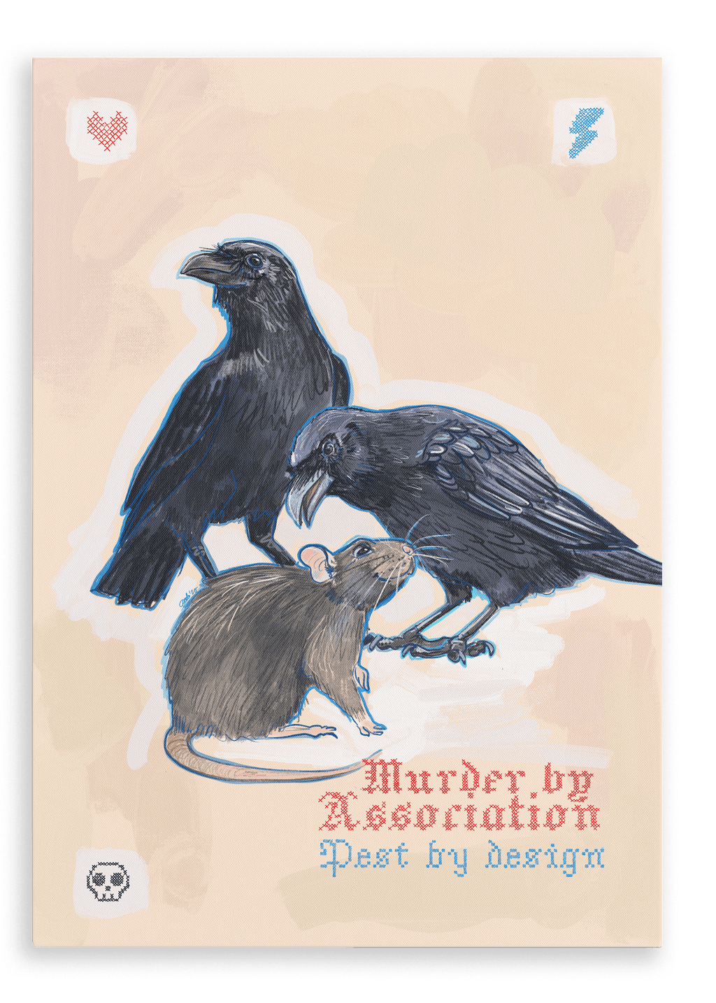 Showcasing two black crows and a brown rat alongside the text “Murder by Association, Pest by Design” with heart, lightning bolt, and skull symbols in the corners, the Murder Pest Matte Canvas Print from International Pestsellers is perfect for anyone intrigued by clever crows and the infamous legacy of rats.