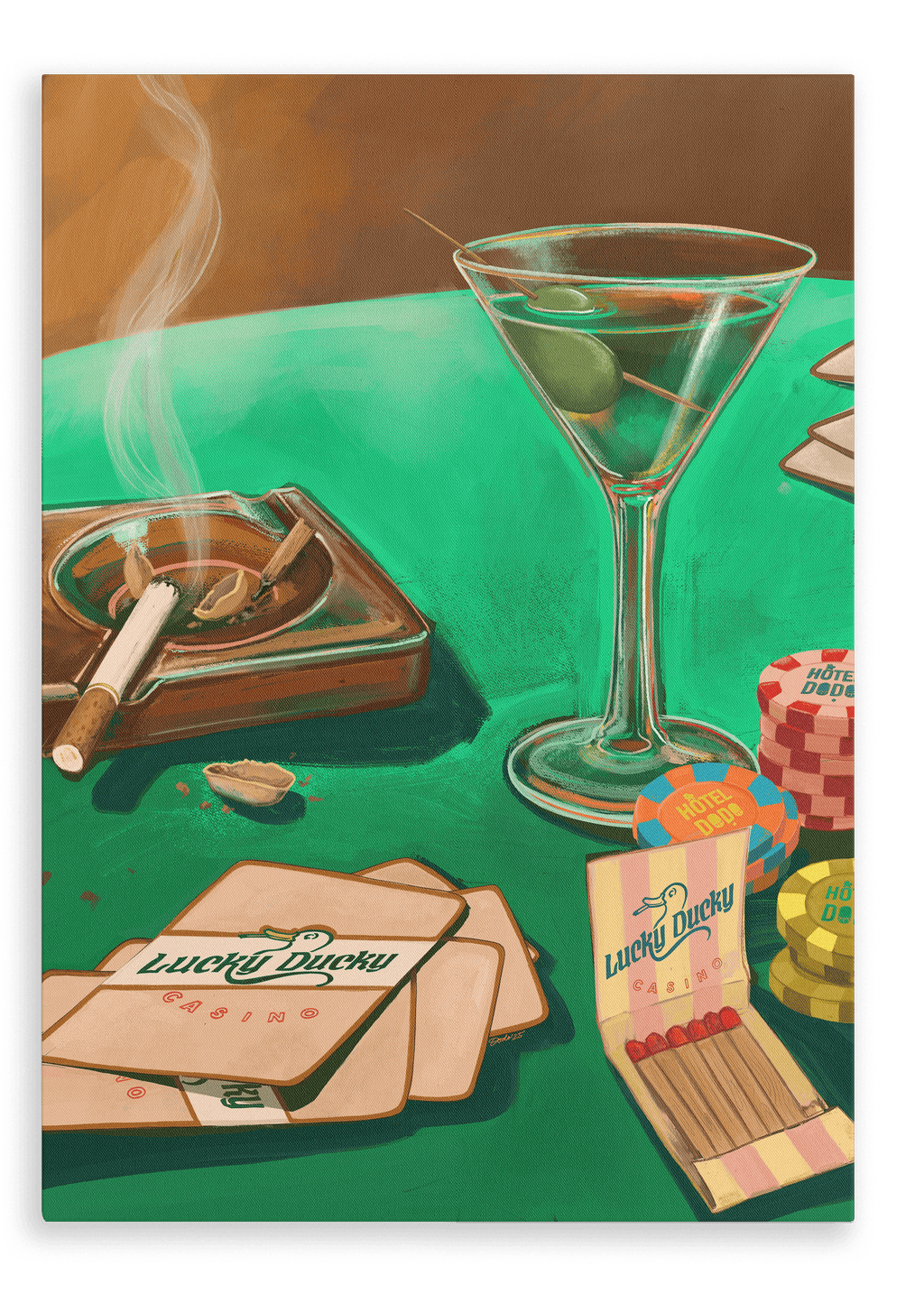 A martini, cigarette, matchbox, poker chips, and playing cards are artfully arranged on a green casino table in the Lucky Ducky Casino Giclée Canvas Print by Hôtel Dodo. Smoke drifts from the ashtray, capturing the moody essence of a gambler’s mind palace.
