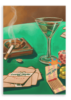 A martini, cigarette, matchbox, poker chips, and playing cards are artfully arranged on a green casino table in the Lucky Ducky Casino Giclée Canvas Print by Hôtel Dodo. Smoke drifts from the ashtray, capturing the moody essence of a gambler’s mind palace.