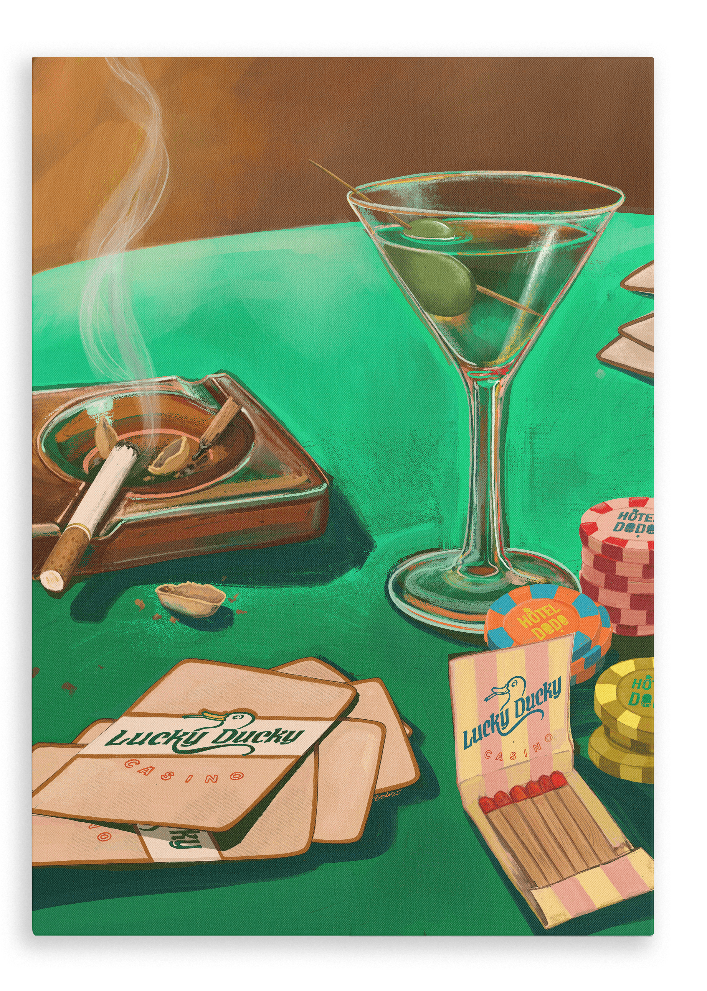 A martini, cigarette, matchbox, poker chips, and playing cards are artfully arranged on a green casino table in the Lucky Ducky Casino Giclée Canvas Print by Hôtel Dodo. Smoke drifts from the ashtray, capturing the moody essence of a gambler’s mind palace.
