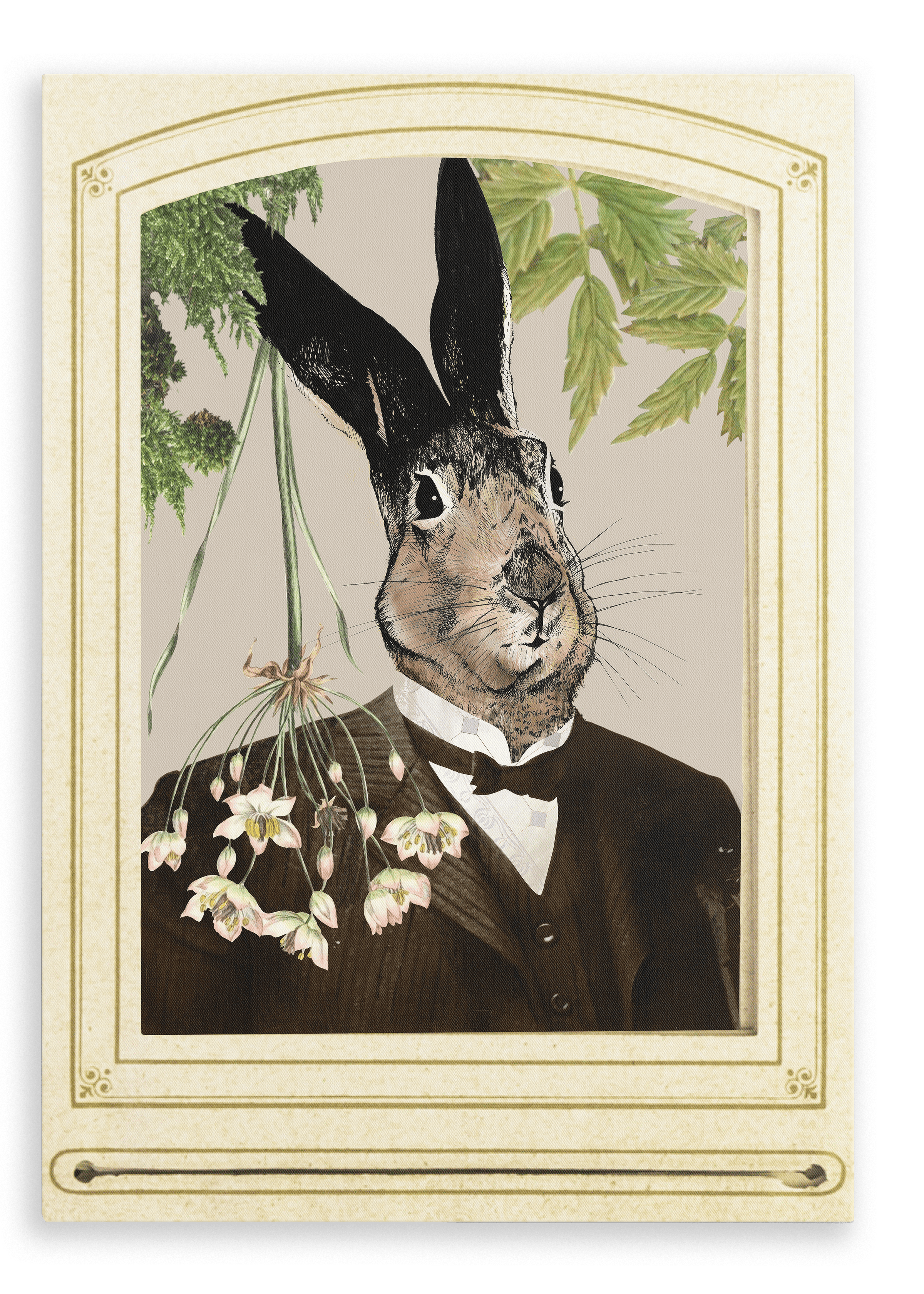 The Hare In A Suit Canvas Print by Animals In Suits features a rabbit’s head atop a human body dressed in a suit and tie, posed in vintage portrait style among flowers and green leaves, evoking the charm of handmade collage art and vintage botanical illustrations.