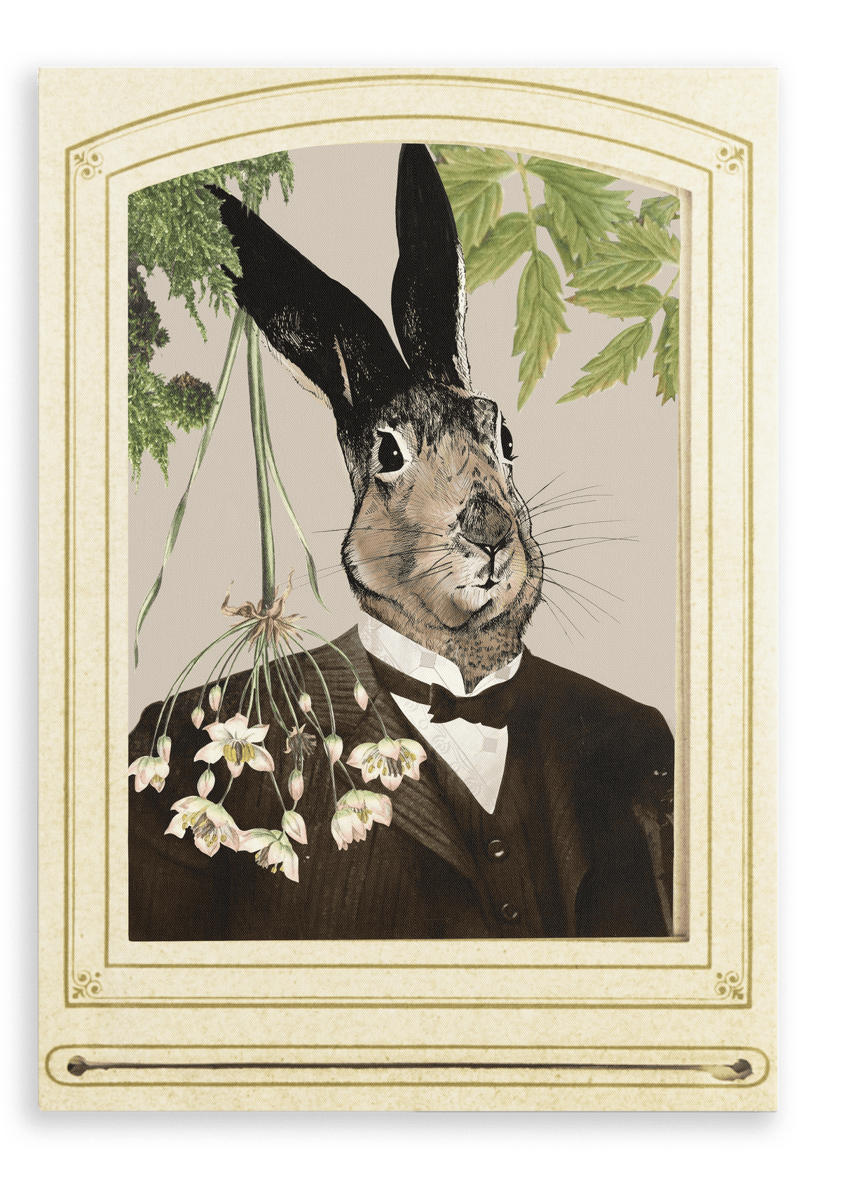 The Hare In A Suit Canvas Print by Animals In Suits features a rabbit’s head atop a human body dressed in a suit and tie, posed in vintage portrait style among flowers and green leaves, evoking the charm of handmade collage art and vintage botanical illustrations.