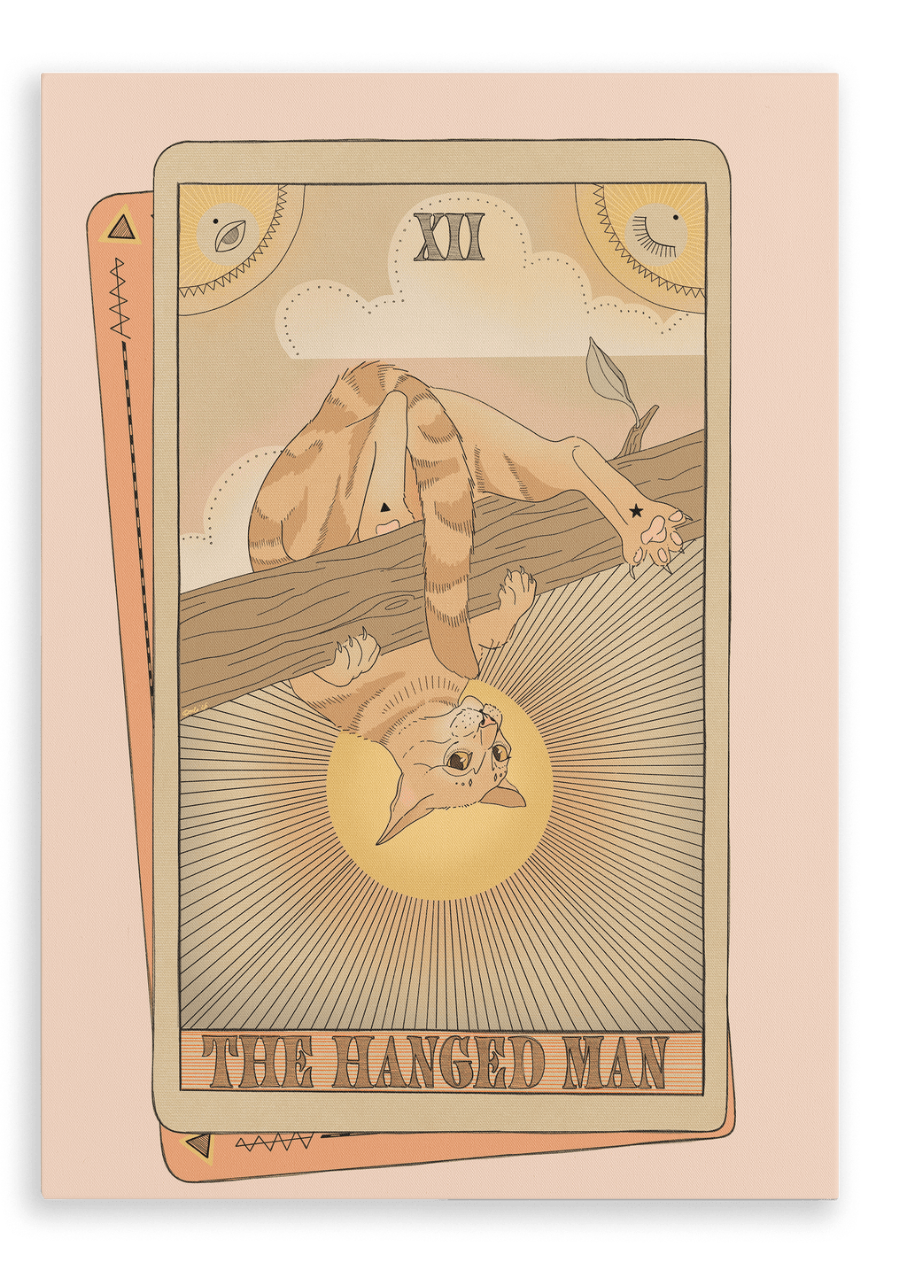 The Hanged Man Canvas Print by Tarot Cats depicts an orange cat hanging upside down from a branch as the central focus, with two partially visible tarot cards in the background.
