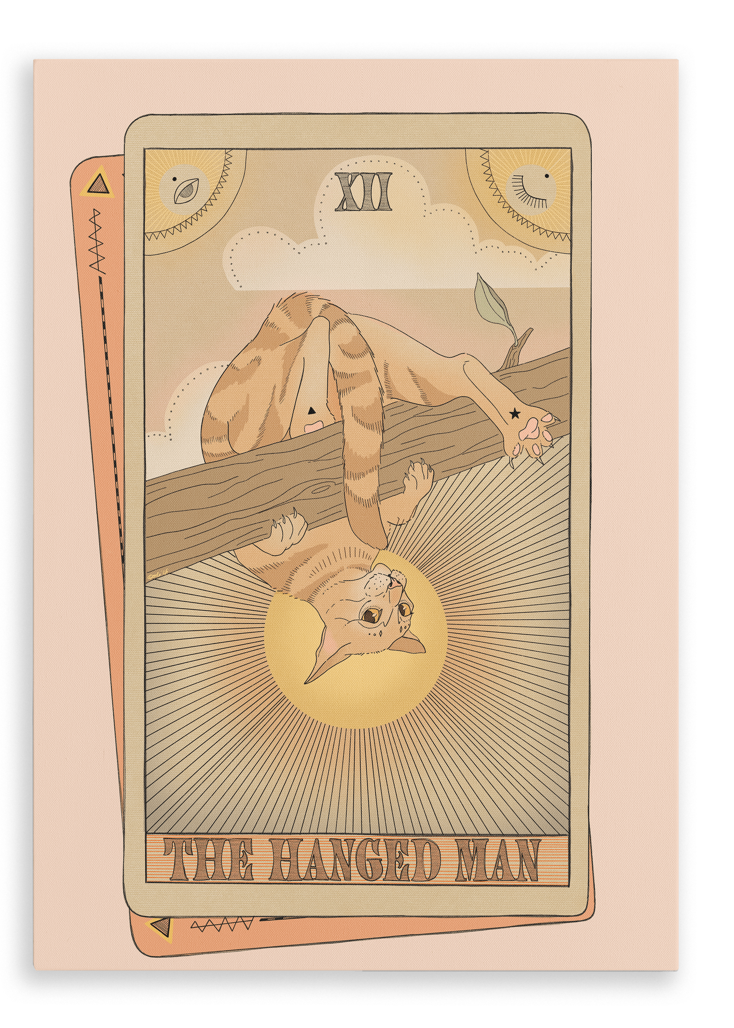 The Hanged Man Canvas Print by Tarot Cats depicts an orange cat hanging upside down from a branch as the central focus, with two partially visible tarot cards in the background.