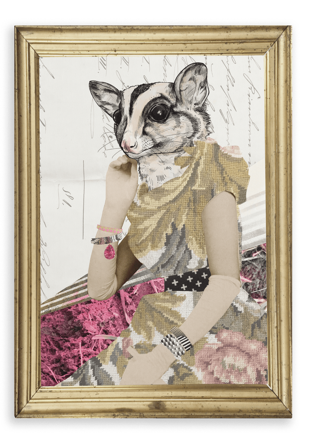 The “Lady Promqueen Glider Canvas Print” by Animals In Suits features a framed collage artwork depicting a whimsical figure with a sugar glider’s head and a human body adorned in patterned clothing and jewelry, set against a mixed-media background enriched with vintage botanical illustrations, showcasing the enchanting charm of collage art.