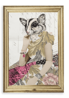 The “Lady Promqueen Glider Canvas Print” by Animals In Suits features a framed collage artwork depicting a whimsical figure with a sugar glider’s head and a human body adorned in patterned clothing and jewelry, set against a mixed-media background enriched with vintage botanical illustrations, showcasing the enchanting charm of collage art.