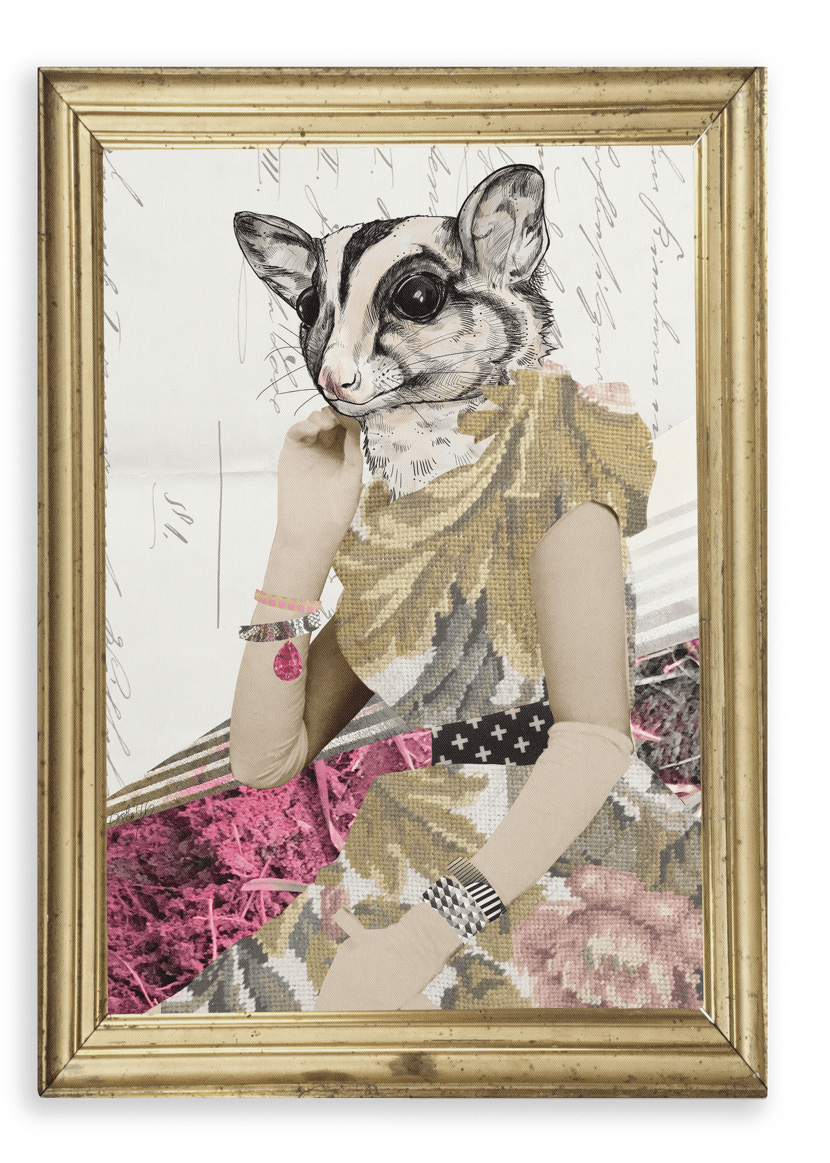 The “Lady Promqueen Glider Canvas Print” by Animals In Suits features a framed collage artwork depicting a whimsical figure with a sugar glider’s head and a human body adorned in patterned clothing and jewelry, set against a mixed-media background enriched with vintage botanical illustrations, showcasing the enchanting charm of collage art.