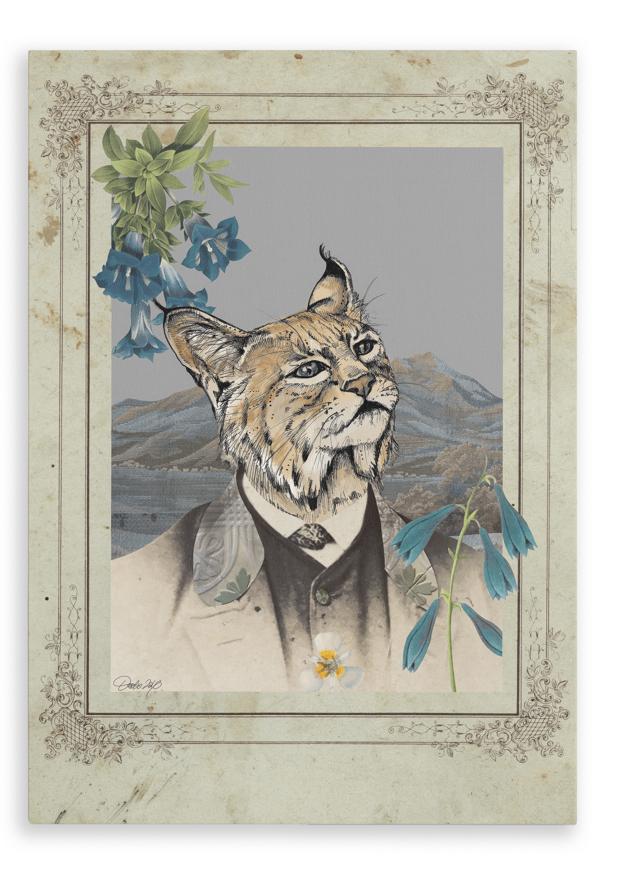 Showcasing the Animals In Suits Bobcat In A Suit Canvas Print, this vintage-inspired wall art features an illustration of a well-dressed bobcat set before a mountain scene, framed by blue flowers in a botanical collage style—the ideal piece for lovers of animal art and classic design.