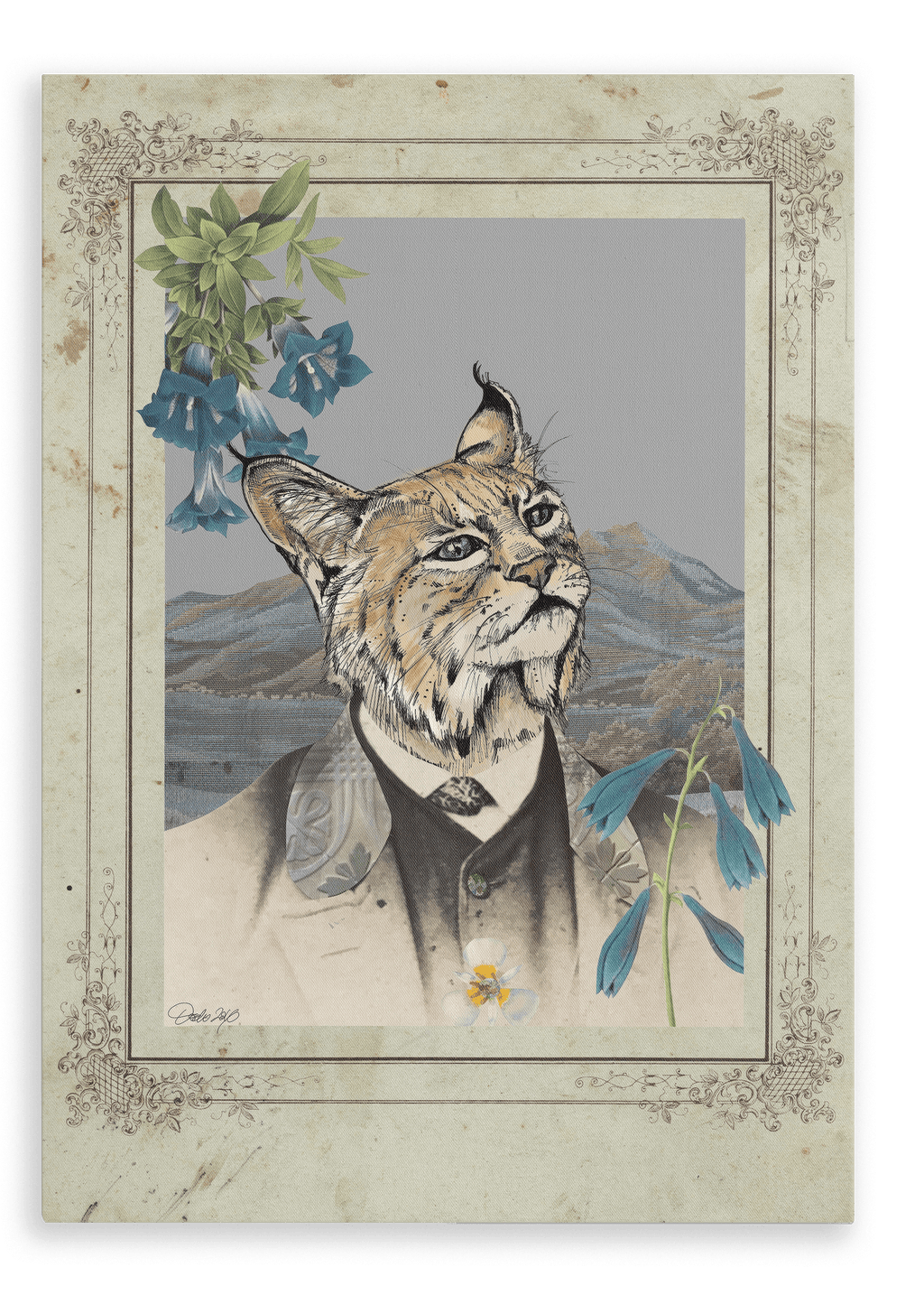 Showcasing the Animals In Suits Bobcat In A Suit Canvas Print, this vintage-inspired wall art features an illustration of a well-dressed bobcat set before a mountain scene, framed by blue flowers in a botanical collage style—the ideal piece for lovers of animal art and classic design.