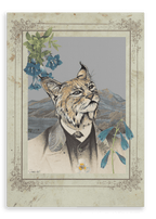 Showcasing the Animals In Suits Bobcat In A Suit Canvas Print, this vintage-inspired wall art features an illustration of a well-dressed bobcat set before a mountain scene, framed by blue flowers in a botanical collage style—the ideal piece for lovers of animal art and classic design.