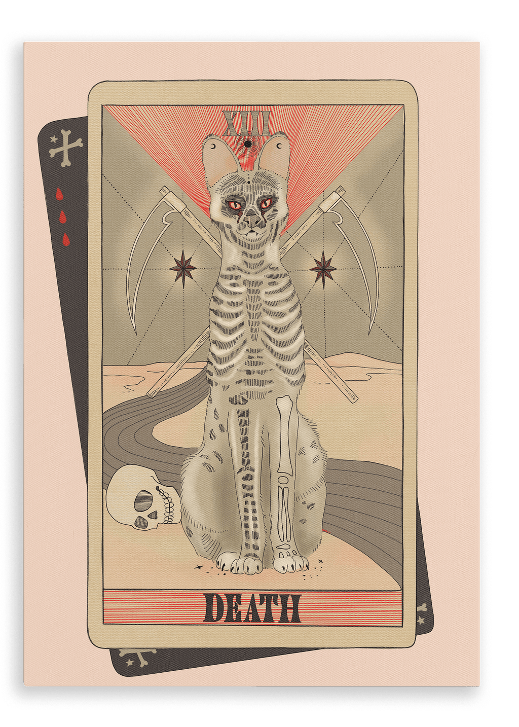 Add a striking touch to your Tarot Cats collection with the “Death Canvas Print” by Tarot Cats, featuring a skeletal cat with glowing eyes seated before crossed scythes and a skull, displayed on a vintage tarot card illustration labeled “Death.”.