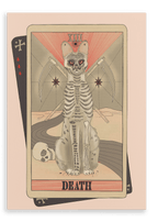 Add a striking touch to your Tarot Cats collection with the “Death Canvas Print” by Tarot Cats, featuring a skeletal cat with glowing eyes seated before crossed scythes and a skull, displayed on a vintage tarot card illustration labeled “Death.”.