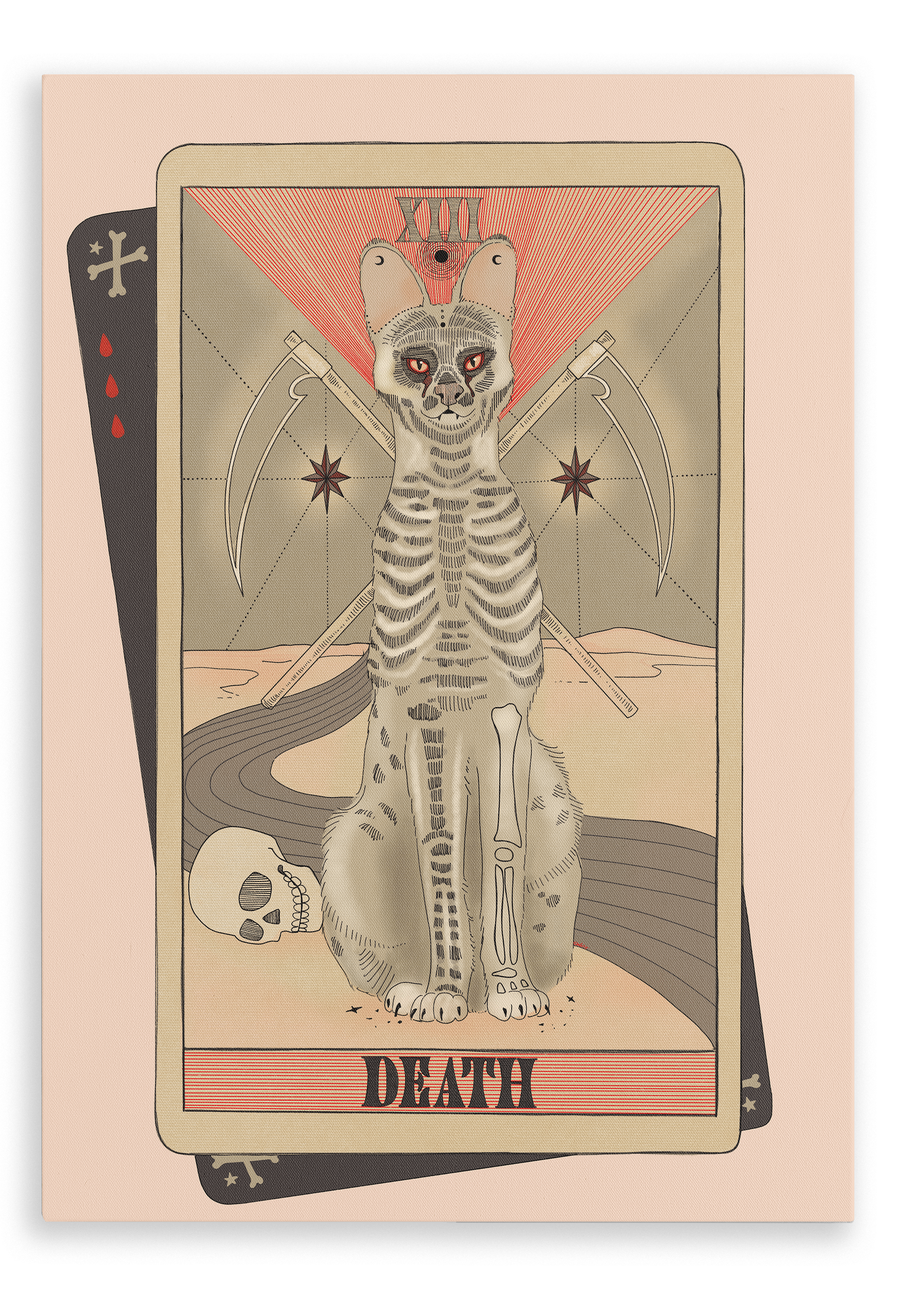 Add a striking touch to your Tarot Cats collection with the “Death Canvas Print” by Tarot Cats, featuring a skeletal cat with glowing eyes seated before crossed scythes and a skull, displayed on a vintage tarot card illustration labeled “Death.”.