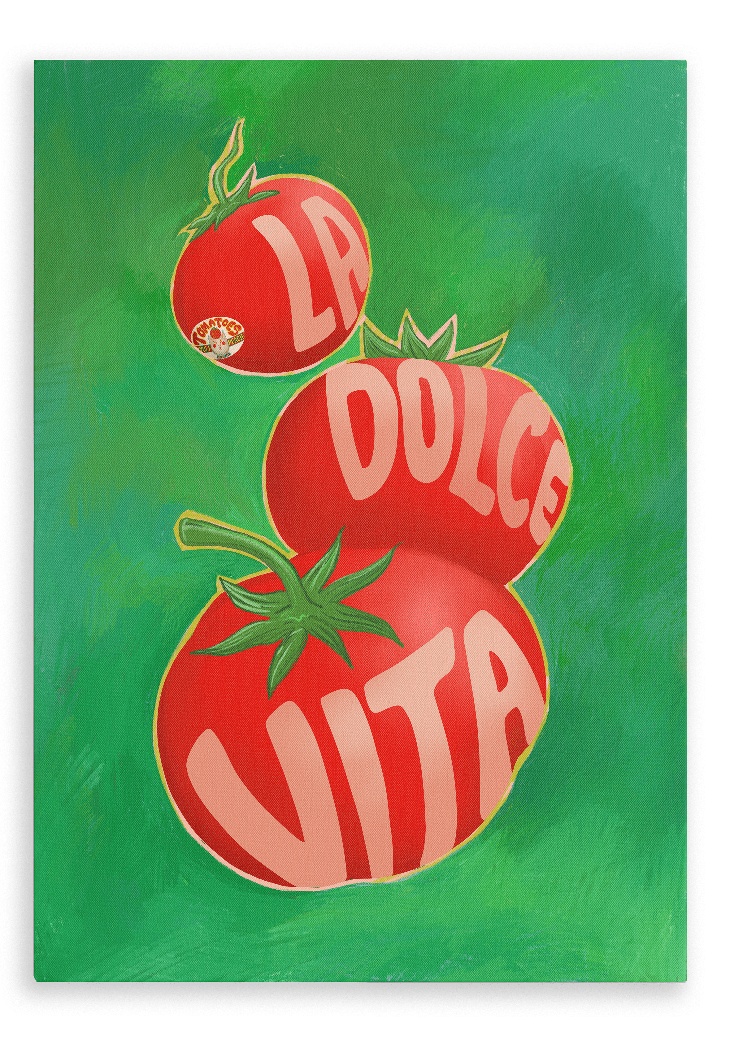 The Pomodori La Dolce Vita Giclée Canvas Print by Intercontinental Fruitery showcases a trio of vibrant red tomatoes, a versatile fruit, set against a lush green backdrop, with the artistic inscription 