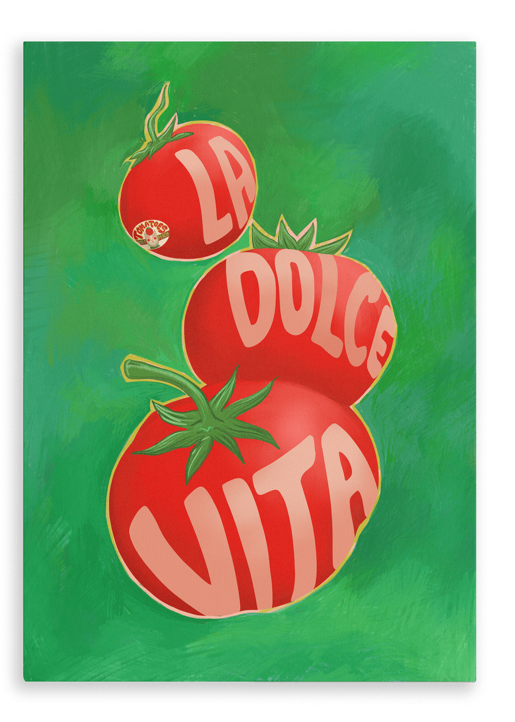 The Pomodori La Dolce Vita Giclée Canvas Print by Intercontinental Fruitery showcases a trio of vibrant red tomatoes, a versatile fruit, set against a lush green backdrop, with the artistic inscription "La Dolce Vita" featured on them.