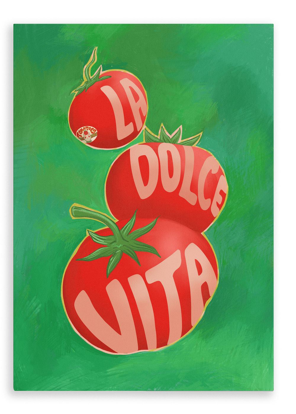 The Pomodori La Dolce Vita Giclée Canvas Print by Intercontinental Fruitery showcases a trio of vibrant red tomatoes, a versatile fruit, set against a lush green backdrop, with the artistic inscription "La Dolce Vita" featured on them.