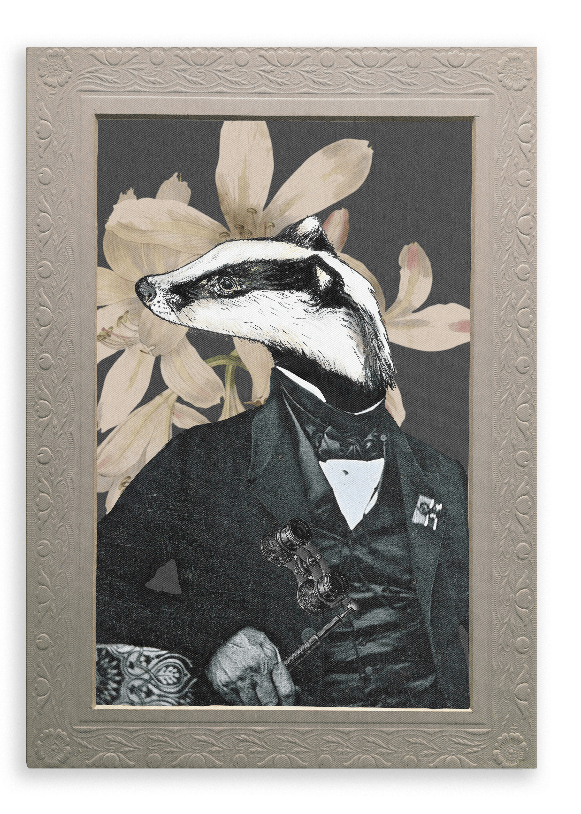 Experience the charm of the “Badger In A Suit Canvas Print” by Animals In Suits—an illustrated art piece featuring a whimsical badger with a human body dressed in a suit and holding a gavel, set against an intricate floral background within an ornate frame. This unique artwork beautifully blends vintage botanical illustration with imaginative collage, making it a standout addition to any space.
