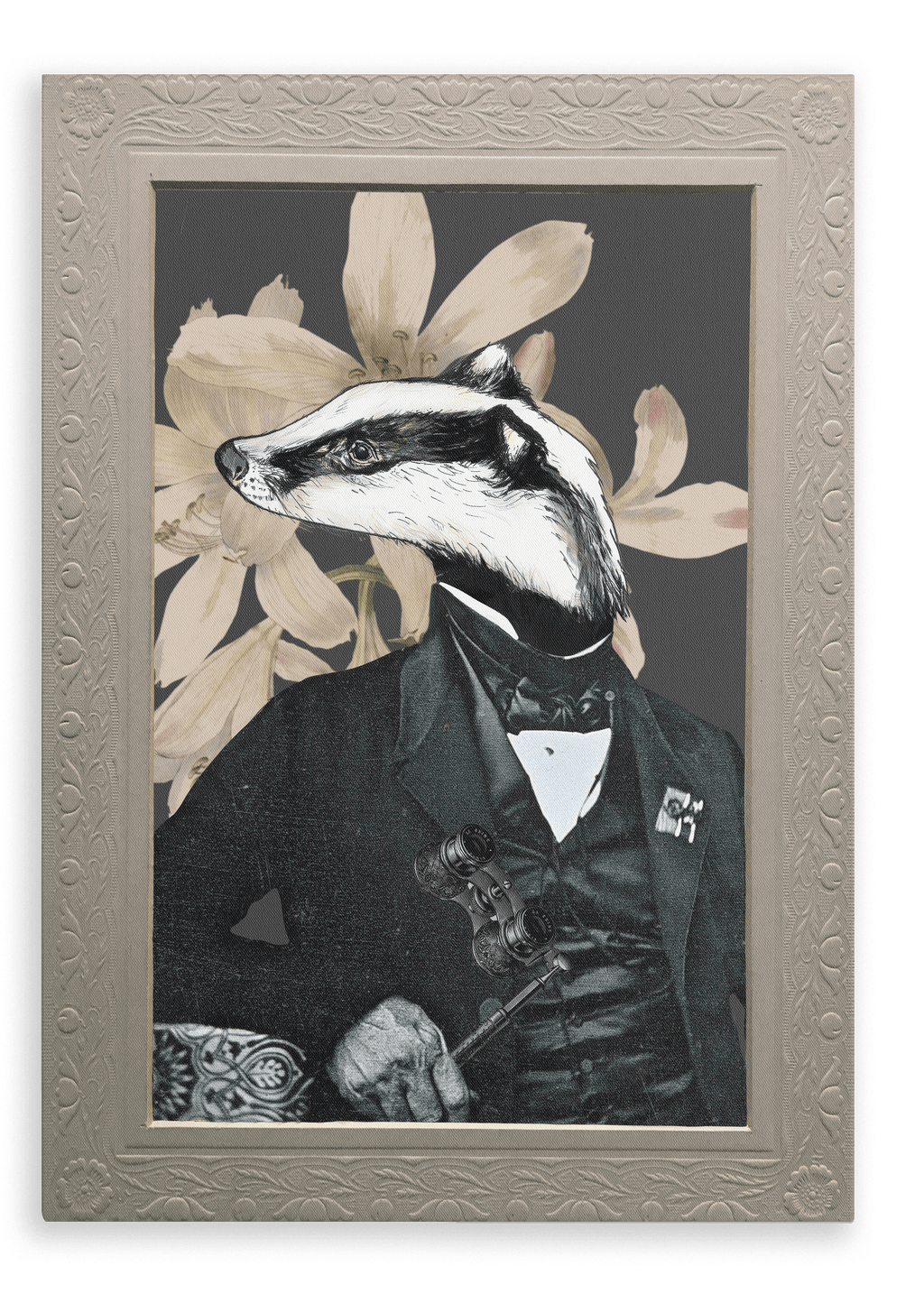 Experience the charm of the “Badger In A Suit Canvas Print” by Animals In Suits—an illustrated art piece featuring a whimsical badger with a human body dressed in a suit and holding a gavel, set against an intricate floral background within an ornate frame. This unique artwork beautifully blends vintage botanical illustration with imaginative collage, making it a standout addition to any space.