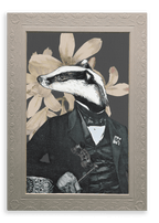 Experience the charm of the “Badger In A Suit Canvas Print” by Animals In Suits—an illustrated art piece featuring a whimsical badger with a human body dressed in a suit and holding a gavel, set against an intricate floral background within an ornate frame. This unique artwork beautifully blends vintage botanical illustration with imaginative collage, making it a standout addition to any space.