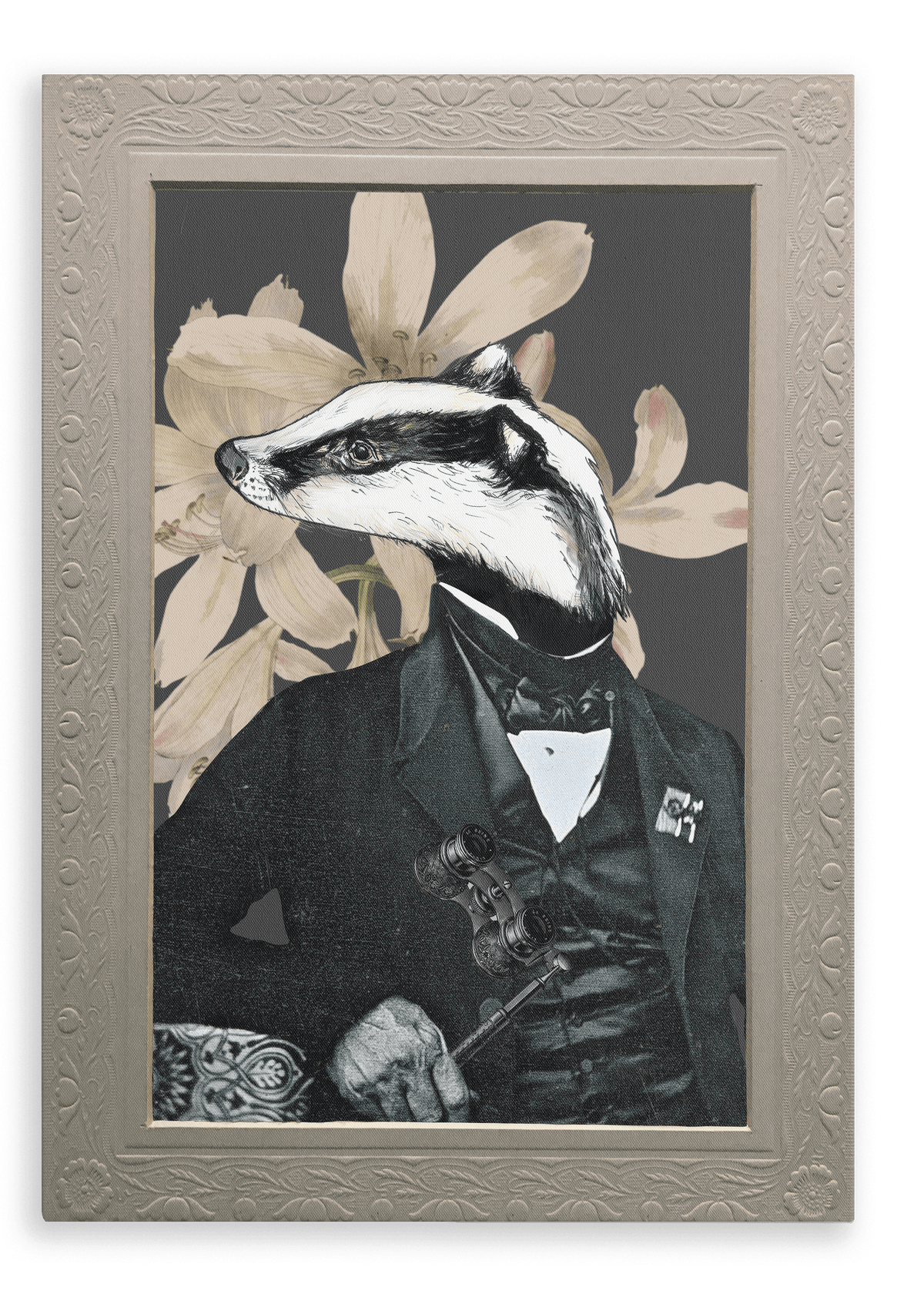 Experience the charm of the “Badger In A Suit Canvas Print” by Animals In Suits—an illustrated art piece featuring a whimsical badger with a human body dressed in a suit and holding a gavel, set against an intricate floral background within an ornate frame. This unique artwork beautifully blends vintage botanical illustration with imaginative collage, making it a standout addition to any space.